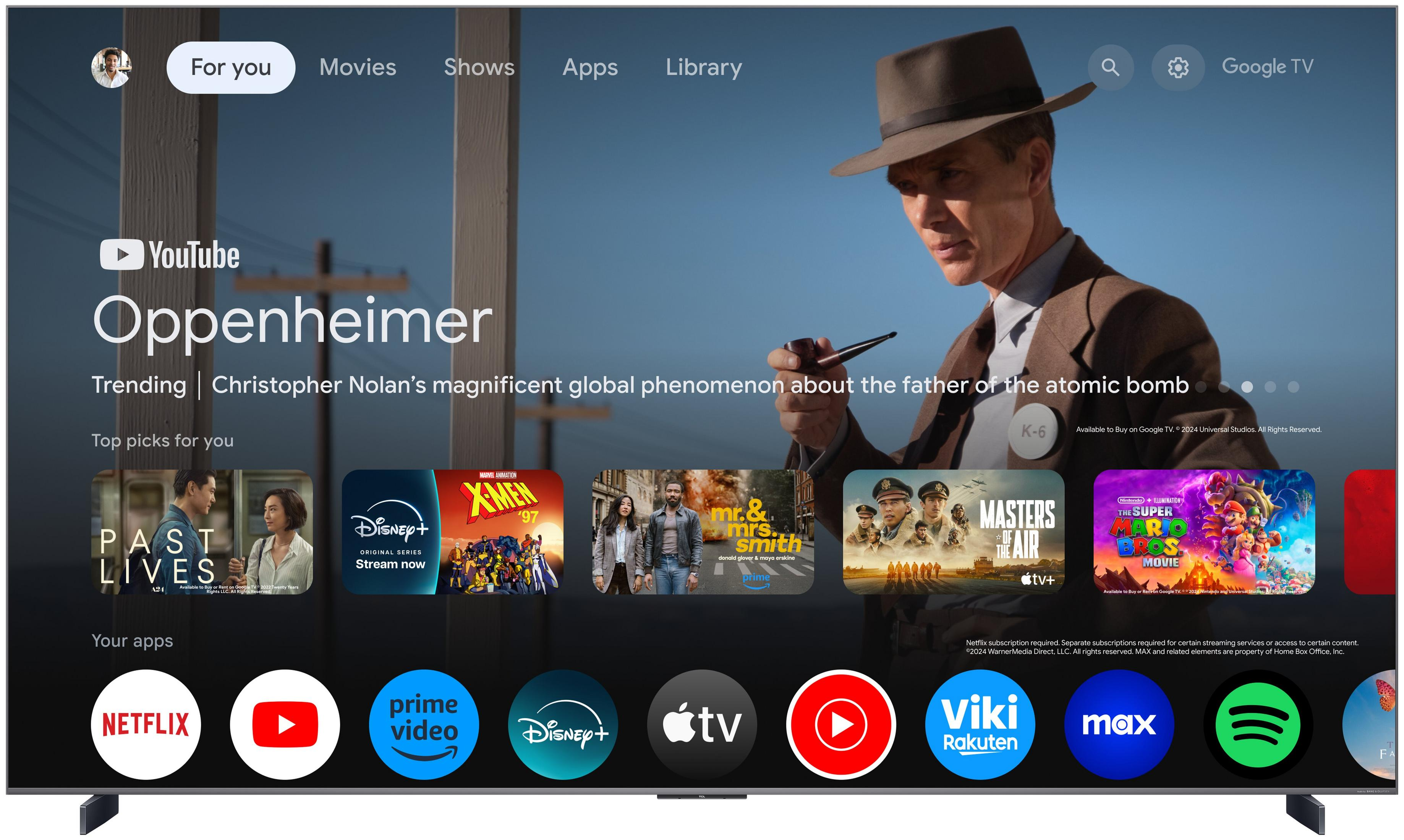 Schermata principale di Google TV con anteprima di Oppenheimer, film e app.