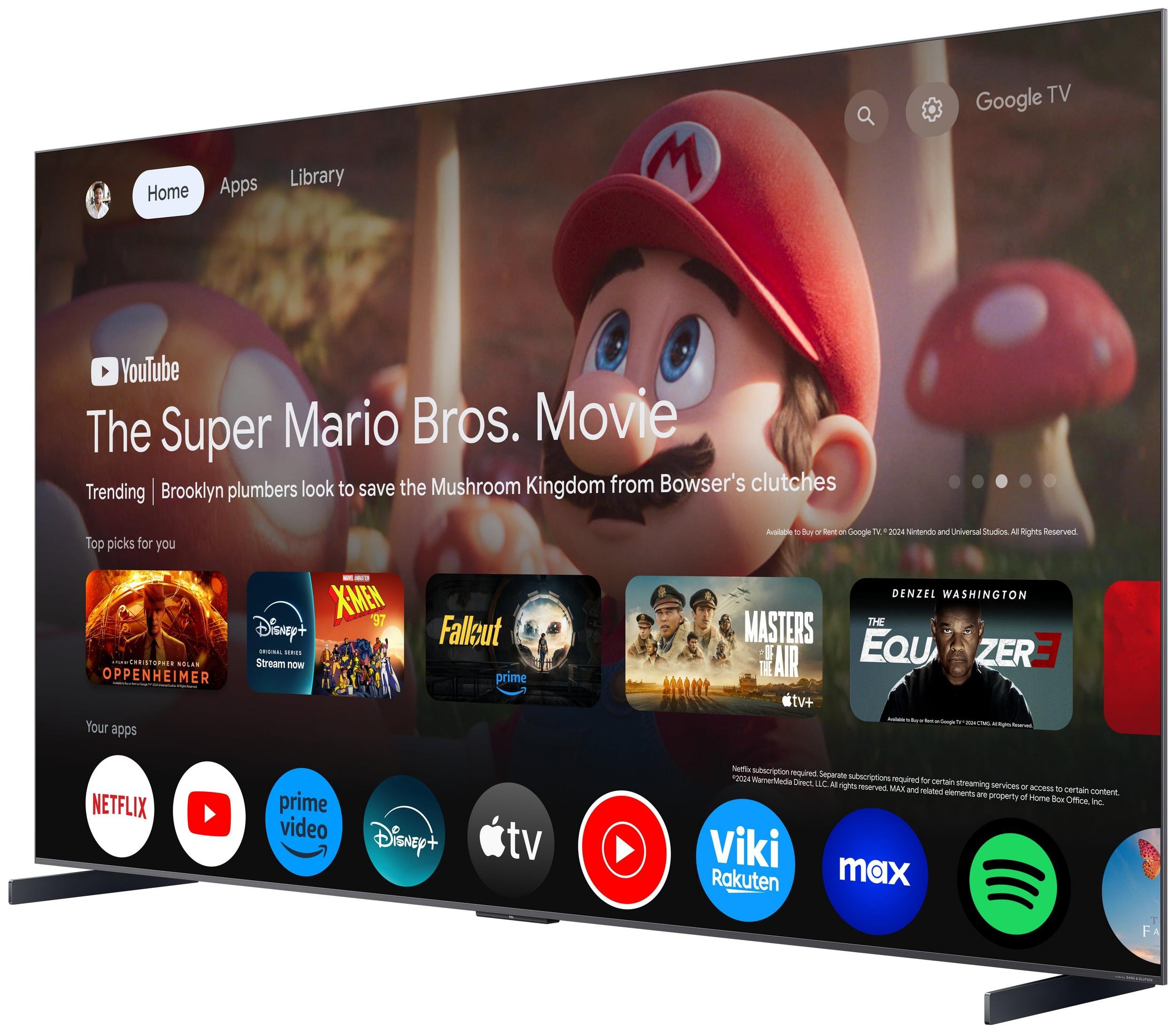 Uno schermo TV mostra l'interfaccia Google TV, con il film Super Mario Bros.