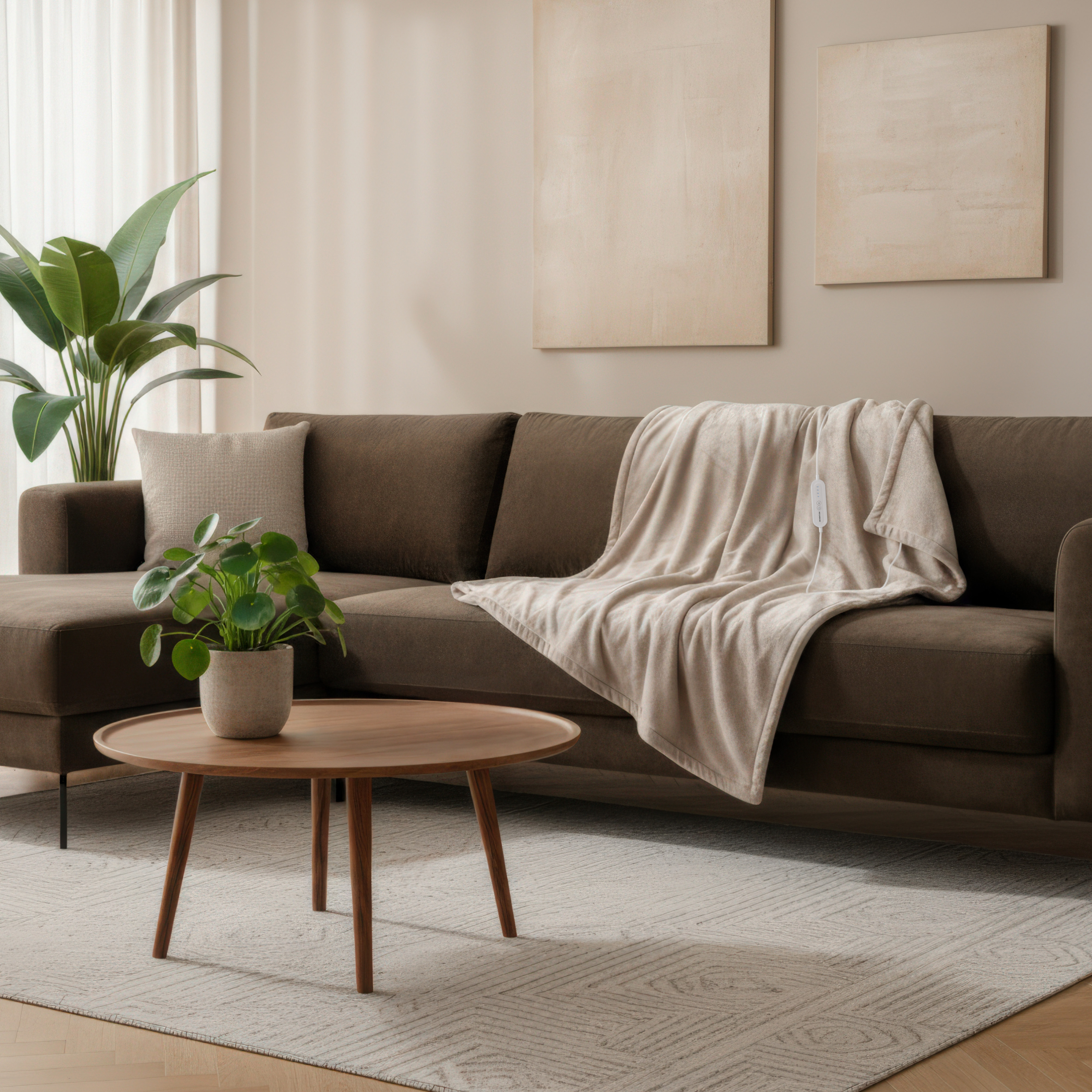 A cozy living room with a brown sofa, a beige throw blanket, and a wooden coffee table.
