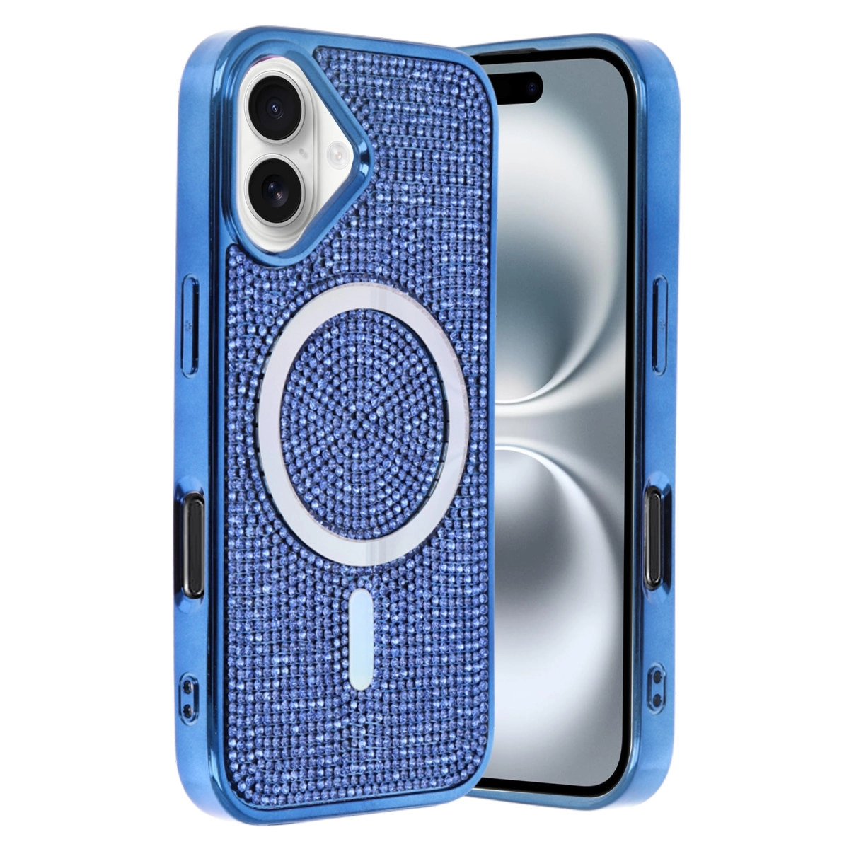 Mıknatıslı halkalı, parlak taşlı mavi iPhone kılıfı.