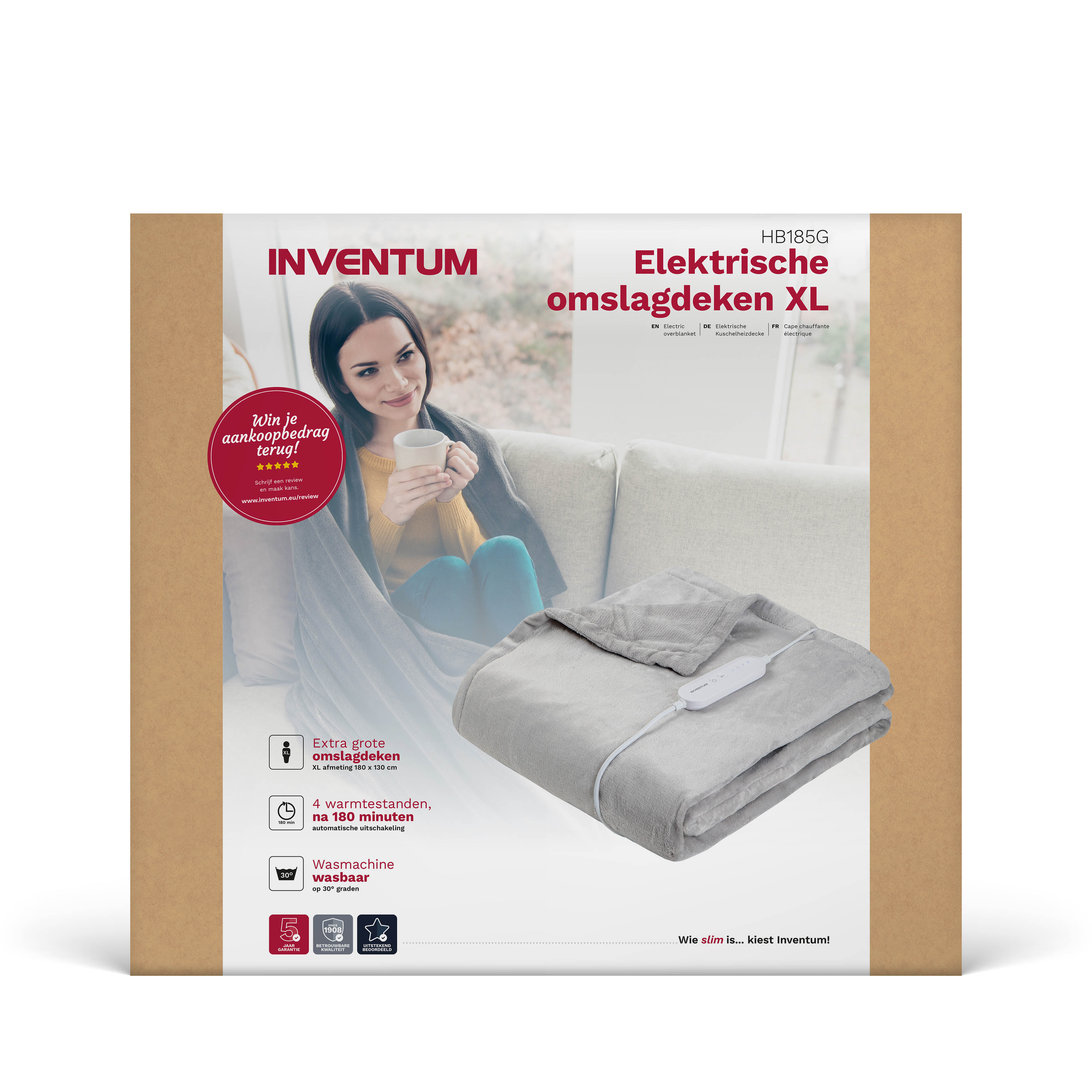 A woman sits on a sofa holding a mug. A grey electric blanket is beside her.