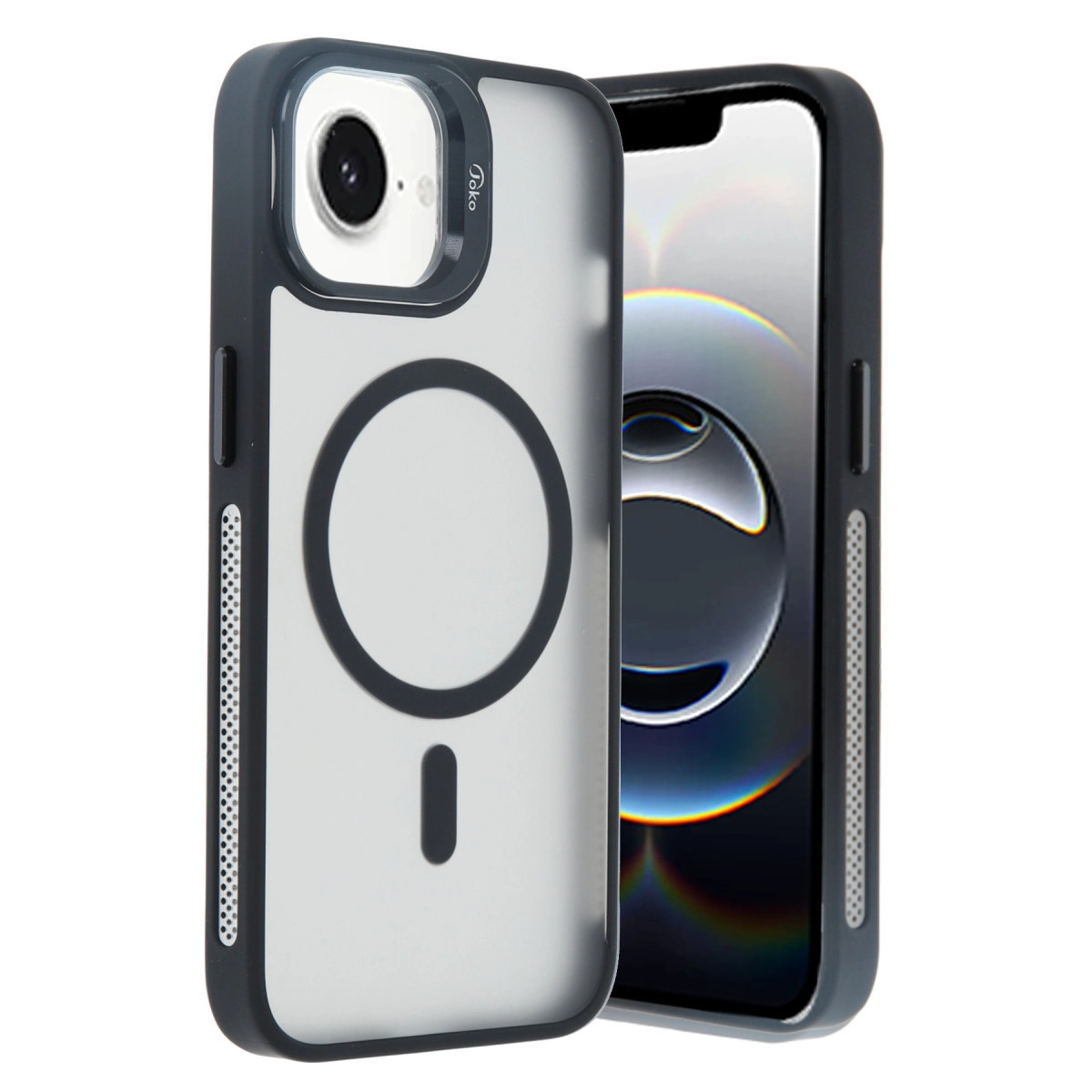Manyetik halkalı ve kamera kesimli siyah iPhone kılıfı.