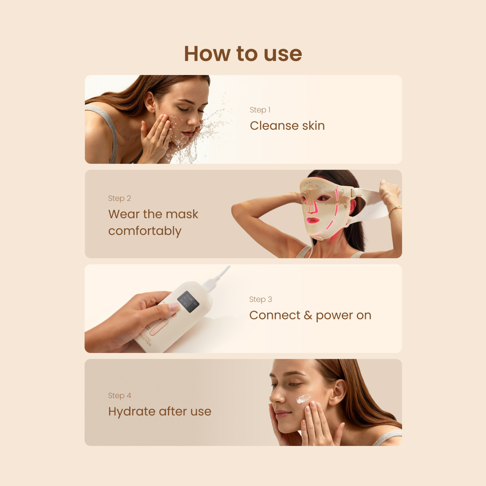 Cómo usar: Limpiar piel, usar mascarilla, conectar dispositivo, hidratar piel.