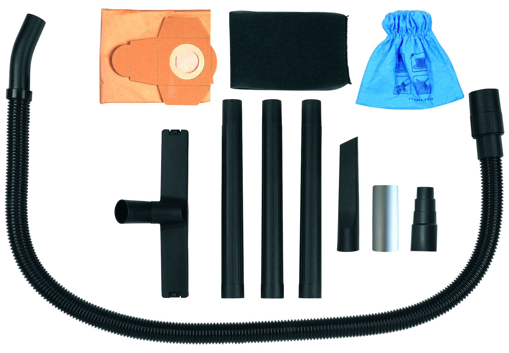 Accessori aspirapolvere: tubo, sacchetti, filtro, tubi e ugelli.