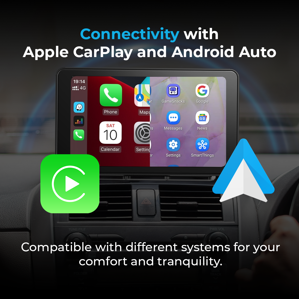 Schermo autoradio con app Apple CarPlay/Android Auto e icona di navigazione.