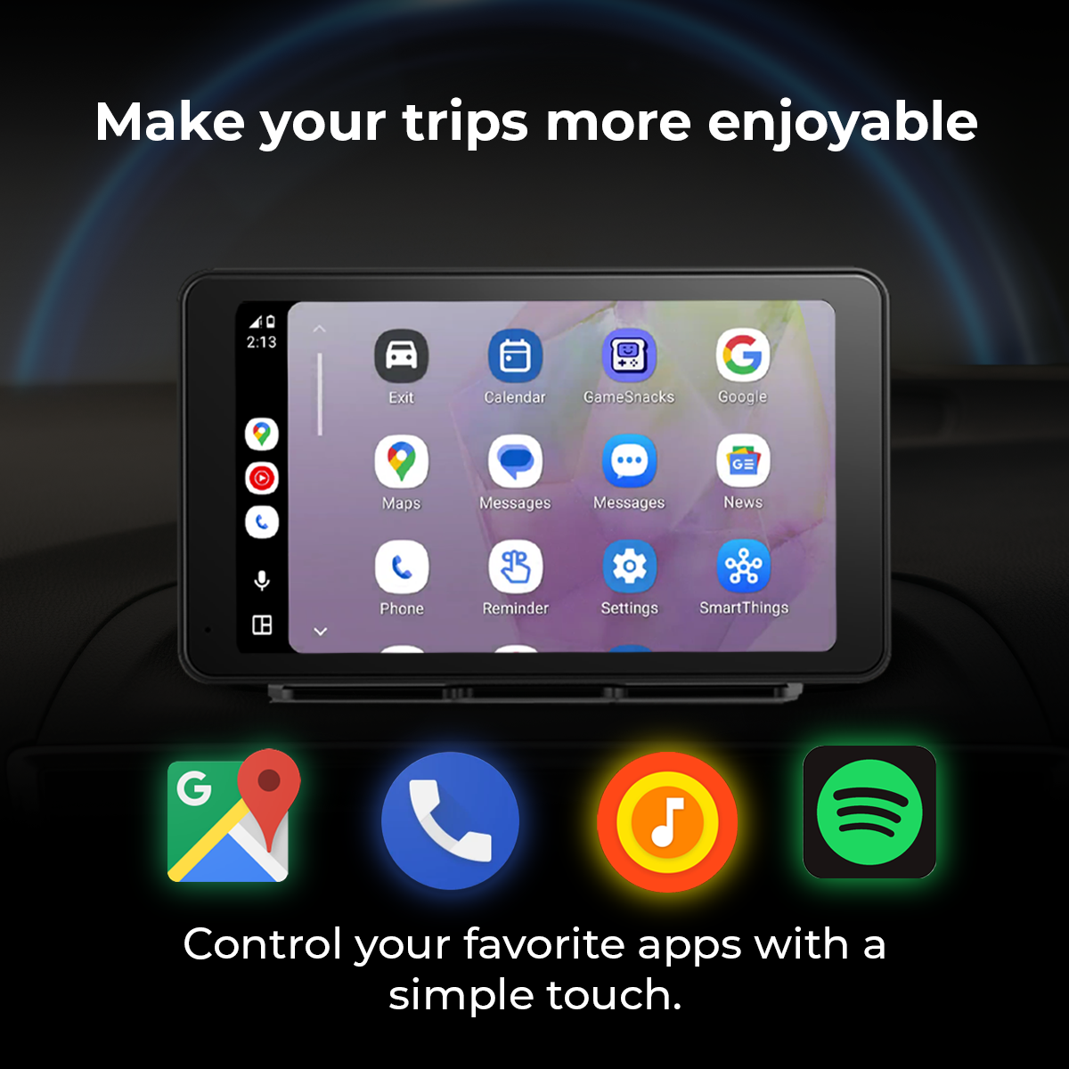 Schermo infotainment auto mostra app come Google Maps e Calendario.