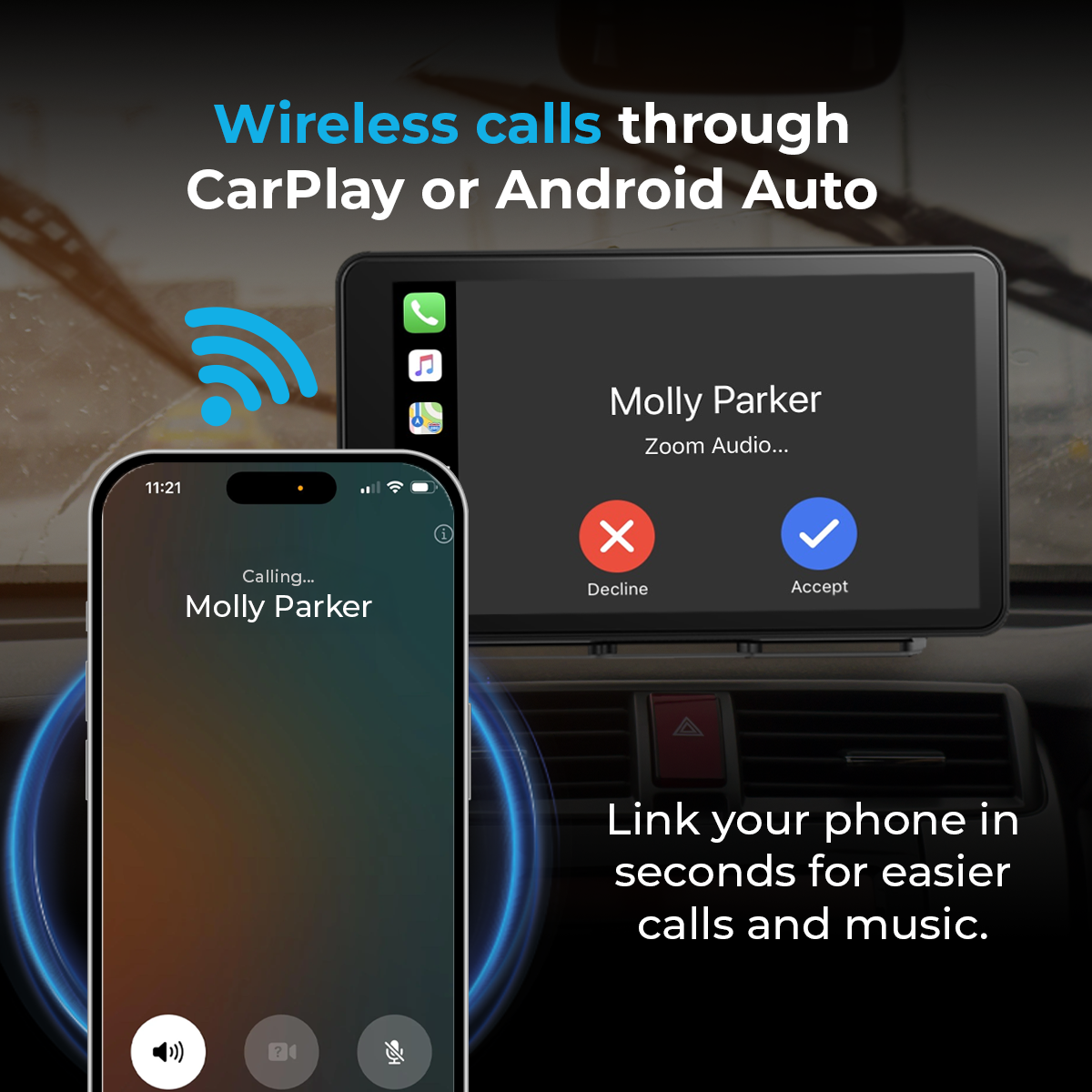 Un smartphone y una pantalla de coche muestran una llamada entrante de Molly Parker.