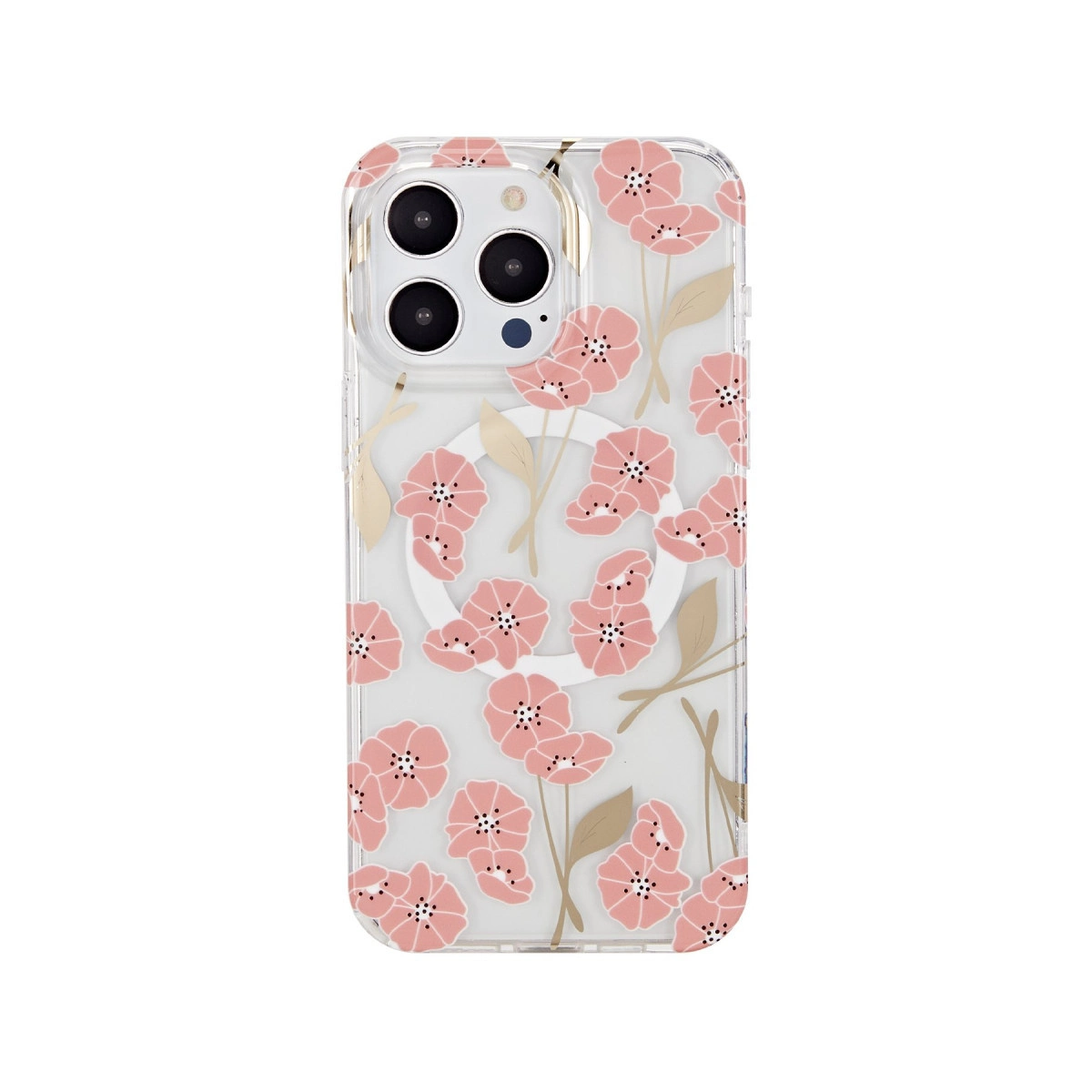 Pembe çiçek desenli şeffaf telefon kılıfı ve kamera kesimi.