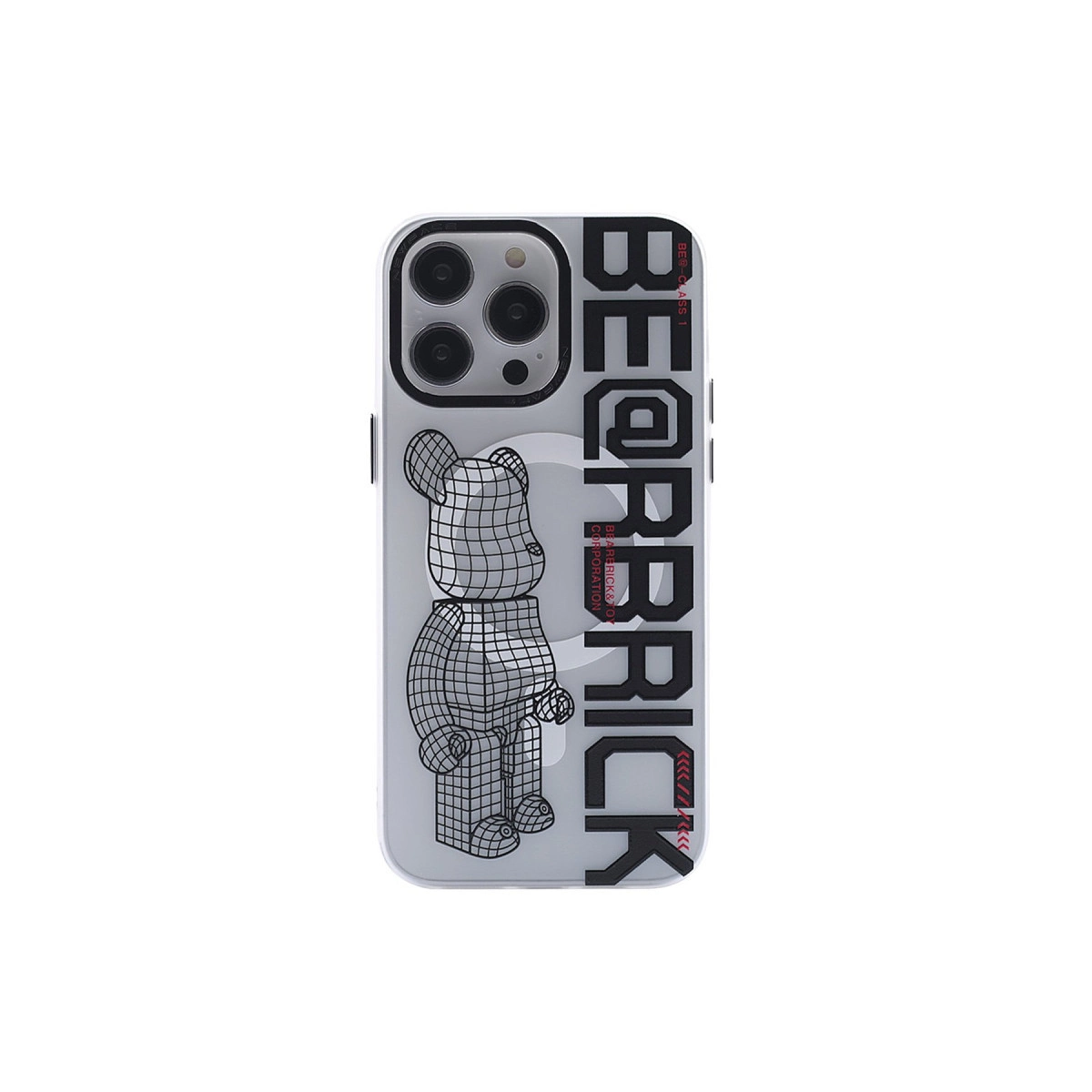 Siyah BE@RBRICK logolu ve tel kafesli ayı tasarımlı şeffaf telefon kılıfı.