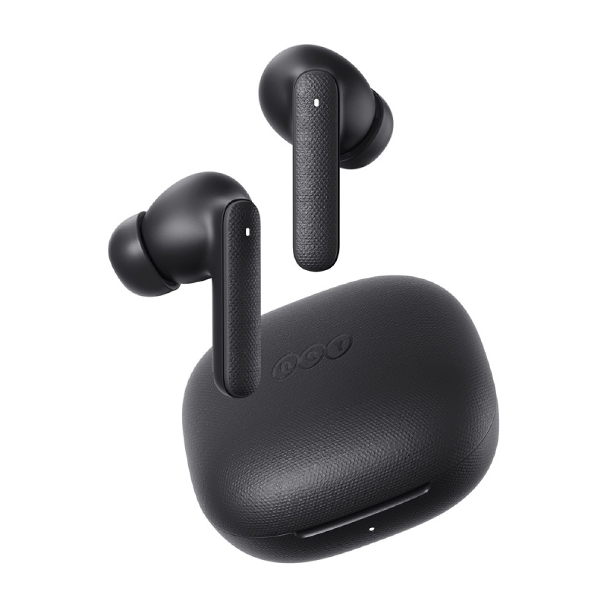 Auricolari wireless neri con custodia di ricarica, steli testurizzati e luce di carica.