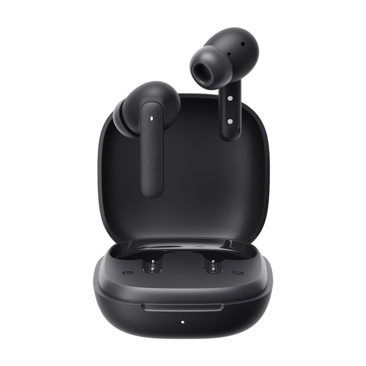 Auricolari wireless neri con custodia di ricarica aperta.