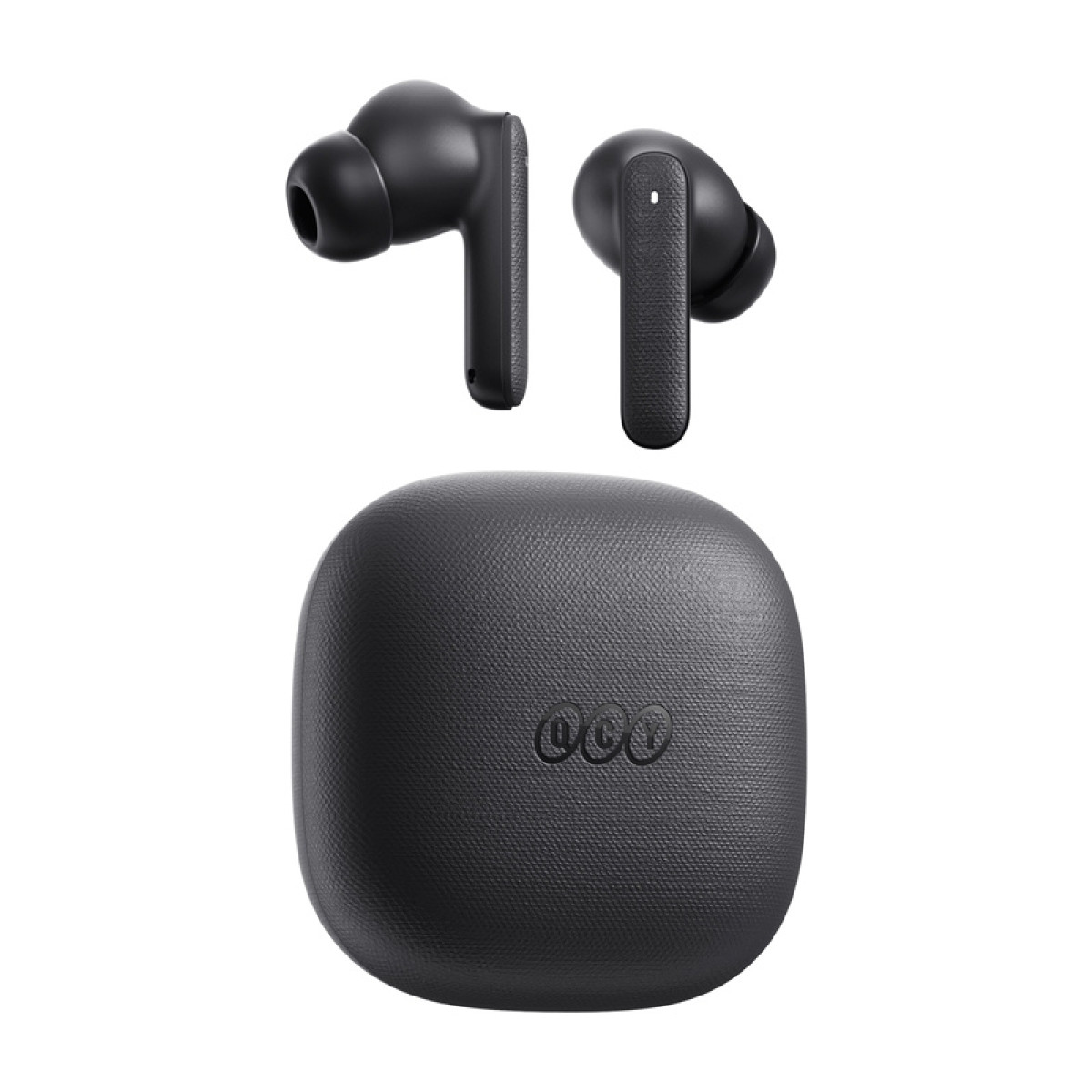 Auricolari wireless neri e custodia di ricarica con finitura testurizzata e logo.