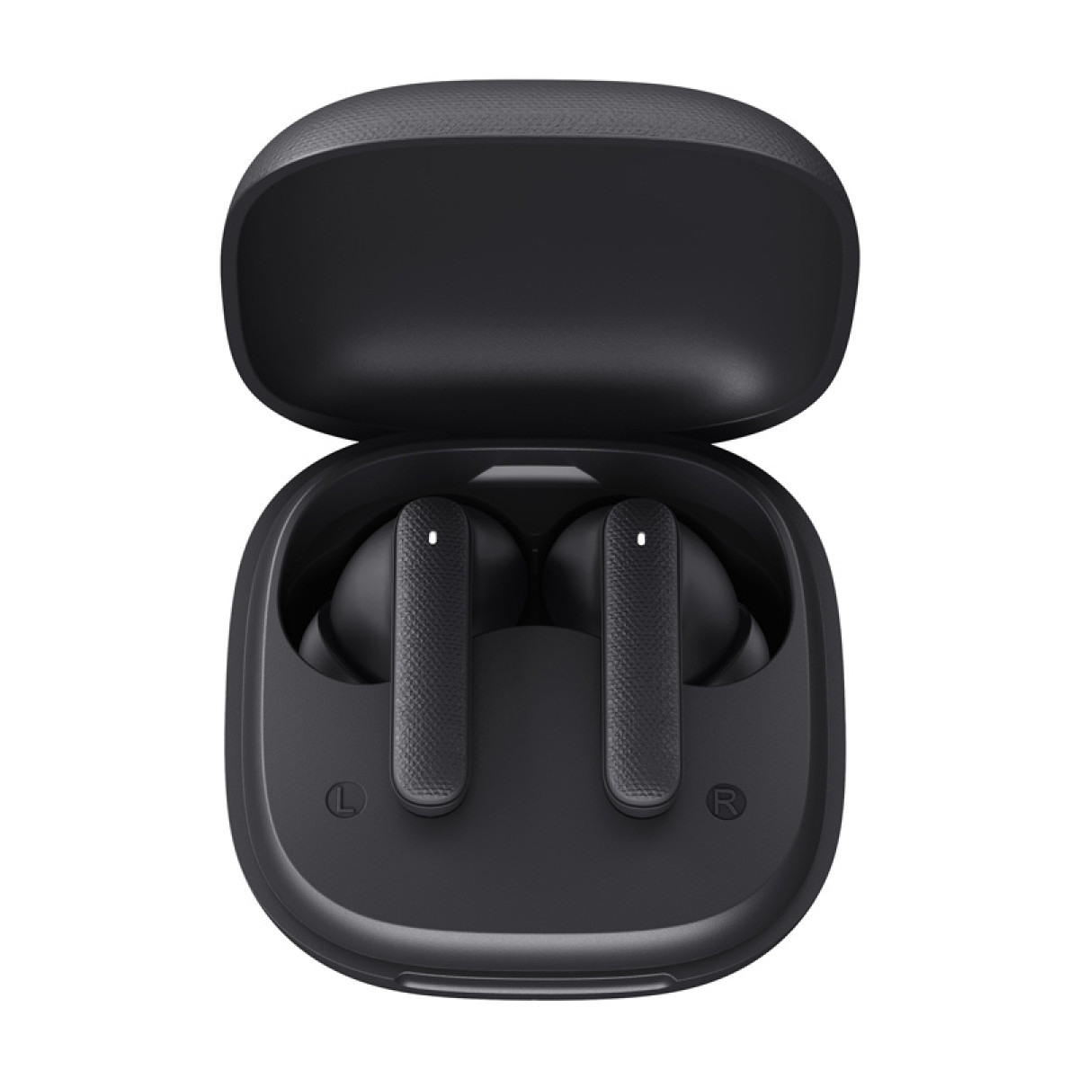 Auricolari wireless neri in una custodia di ricarica aperta.