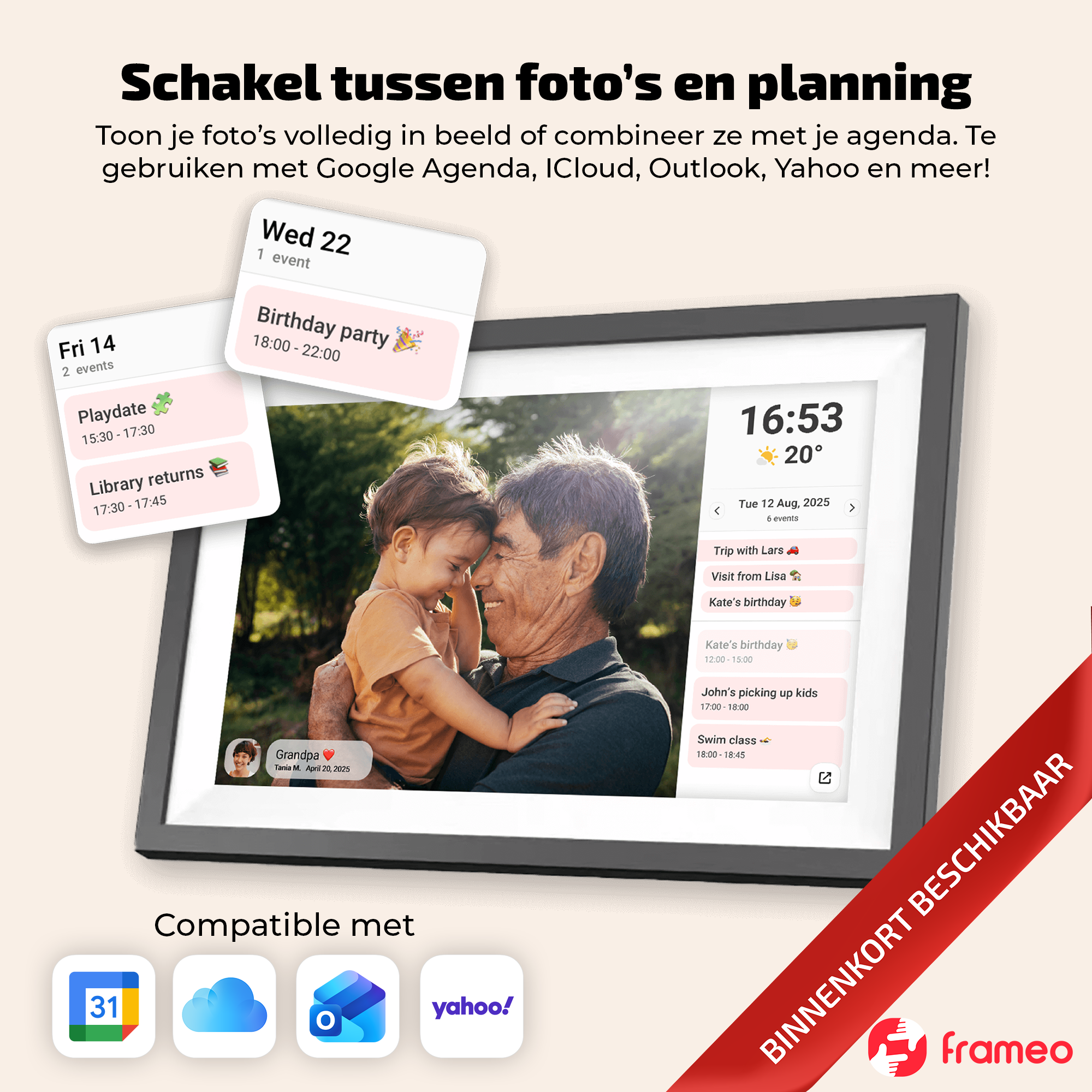 Un cadre numérique affiche une photo d'un grand-père tenant un enfant, avec des événements.
