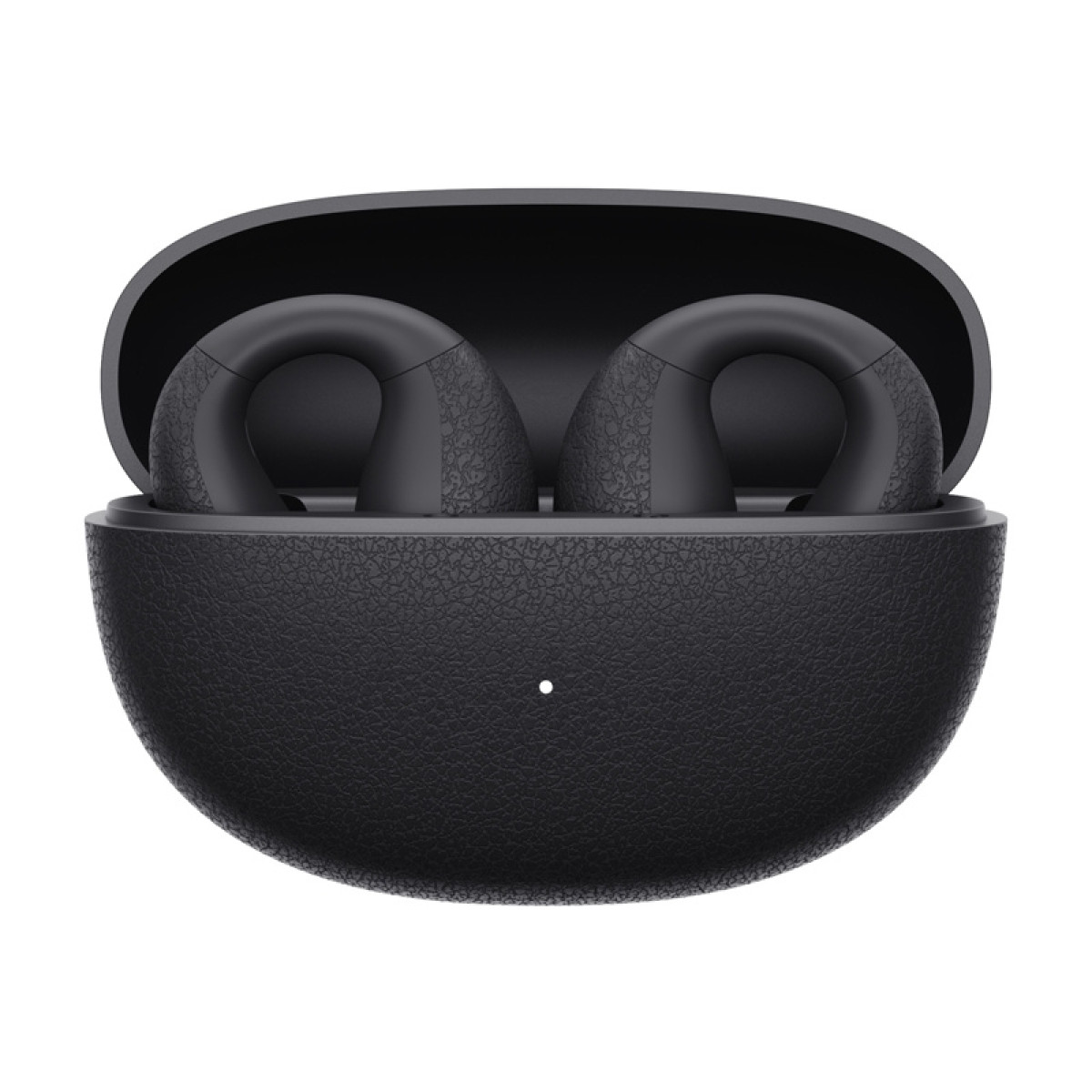 Auricolari wireless neri con custodia di ricarica testurizzata, coperchio aperto, indicatore punto bianco.