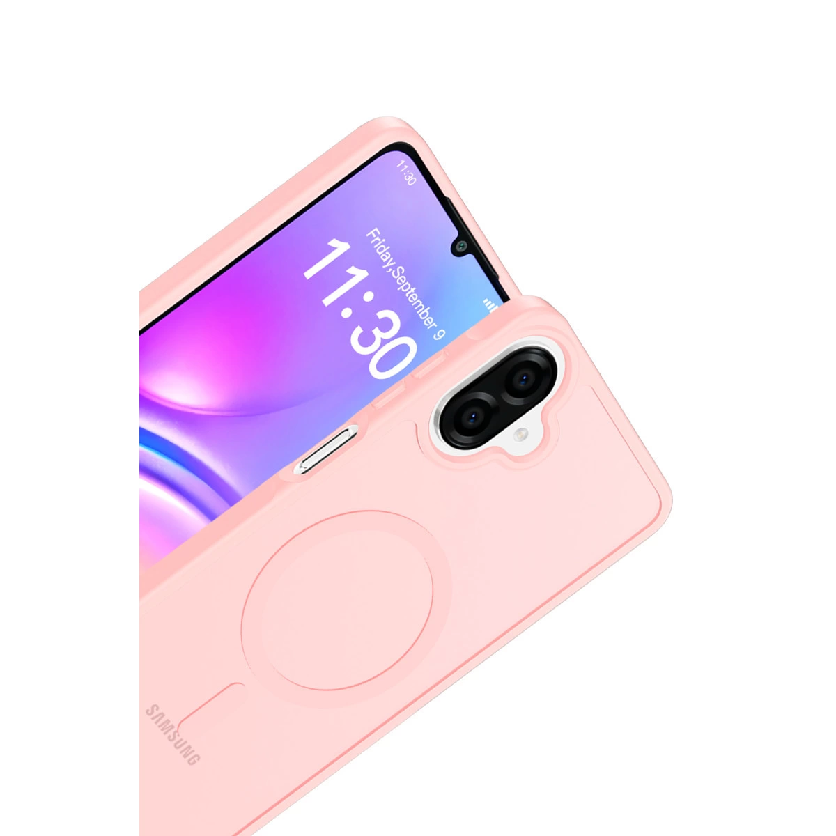 Beyaz zeminde duran, pembe renkli kılıflı telefon.