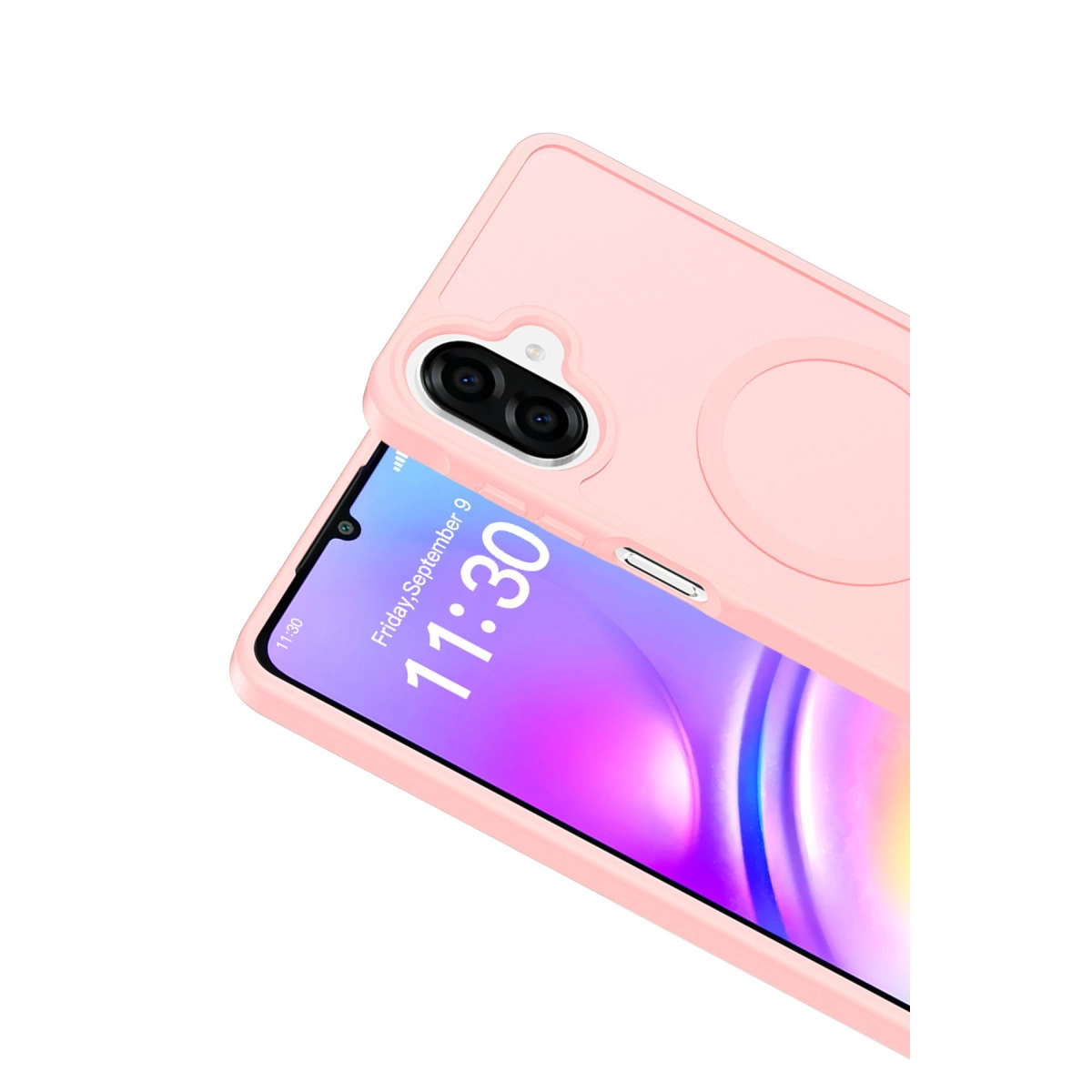 Çift kameralı ve dairesel kesimli pembe telefon kılıfı.