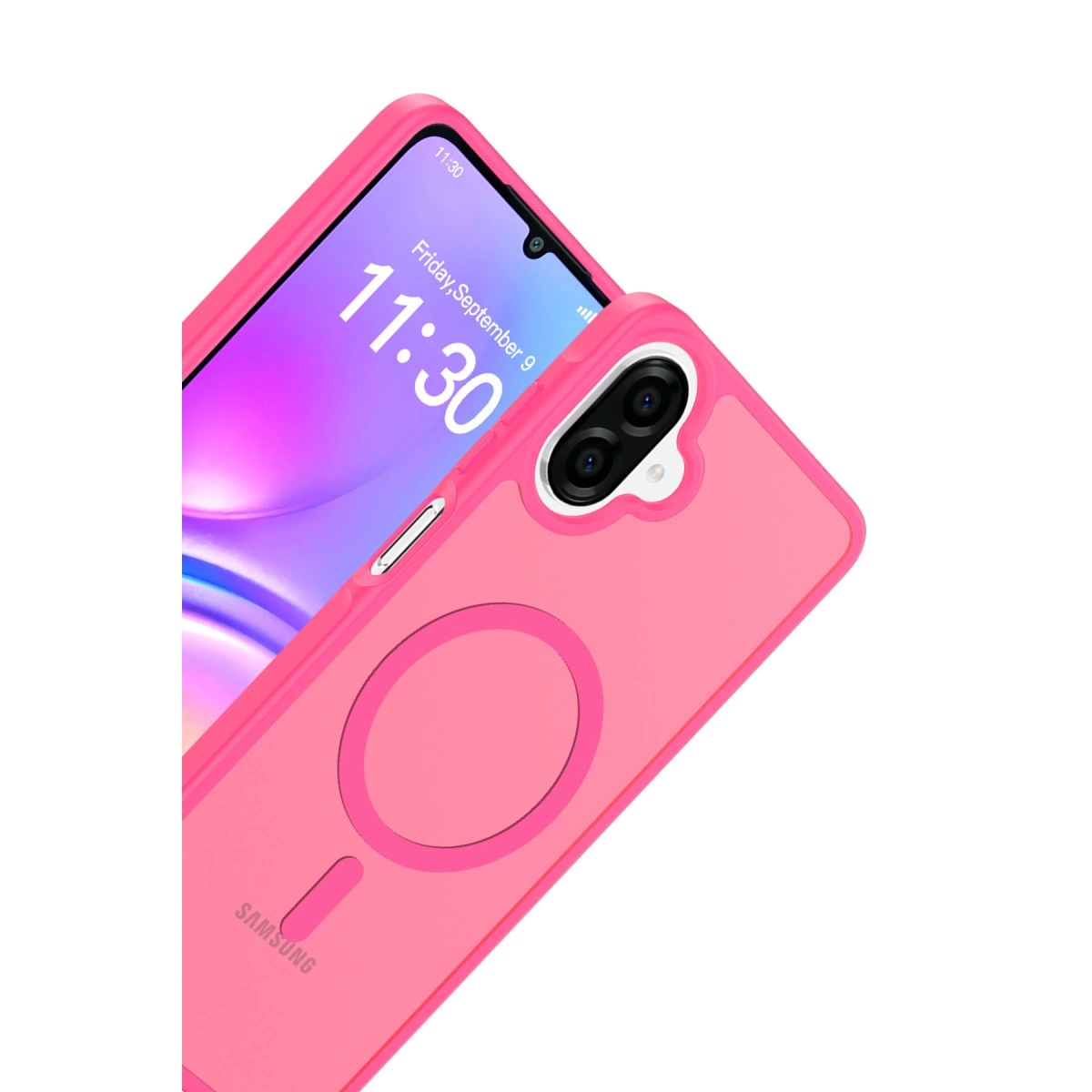 MagSafe halkalı ve Samsung logolu pembe akıllı telefon. Ekran 11:30 gösteriyor.