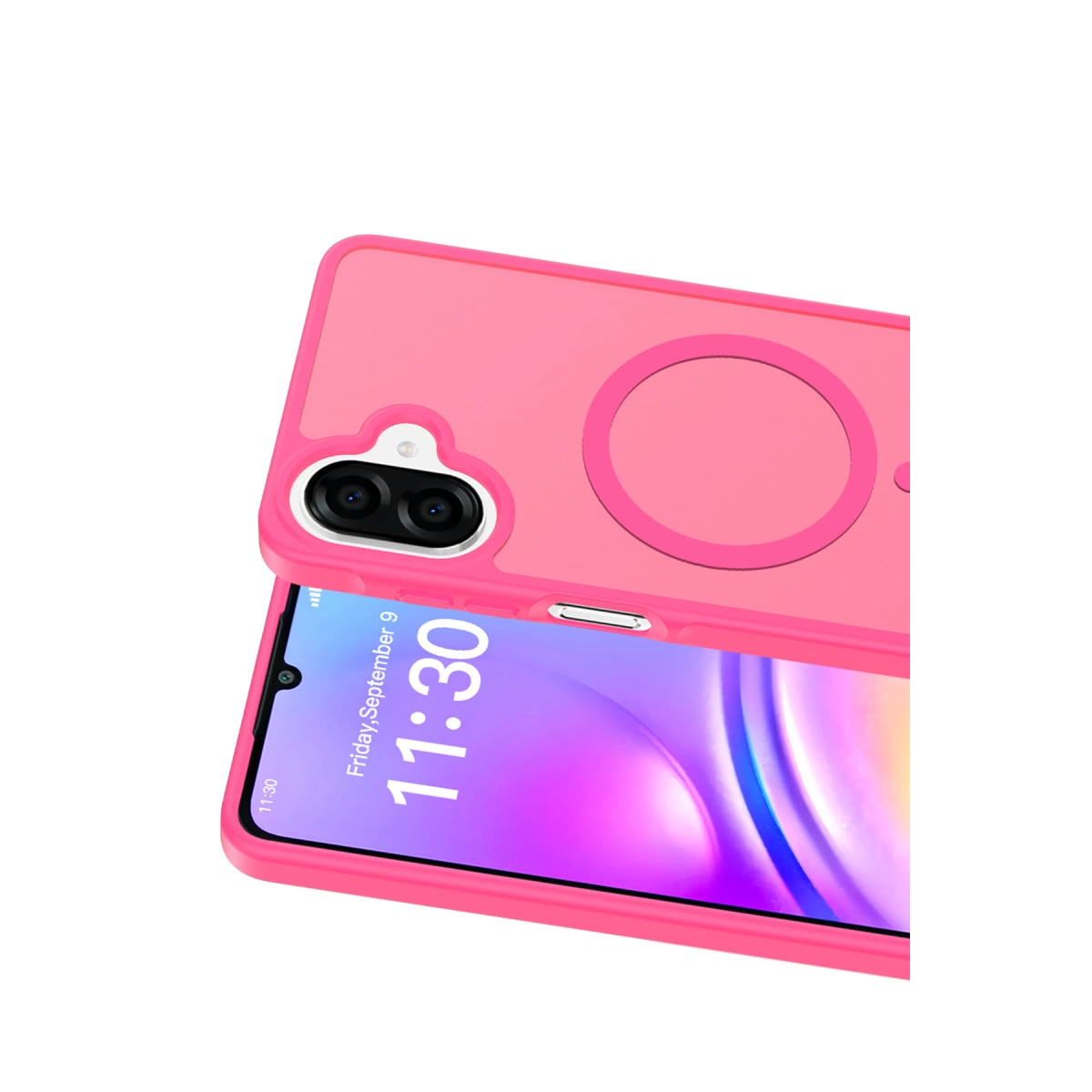 Altında akıllı telefon bulunan pembe telefon kılıfı. Saat 11:30.