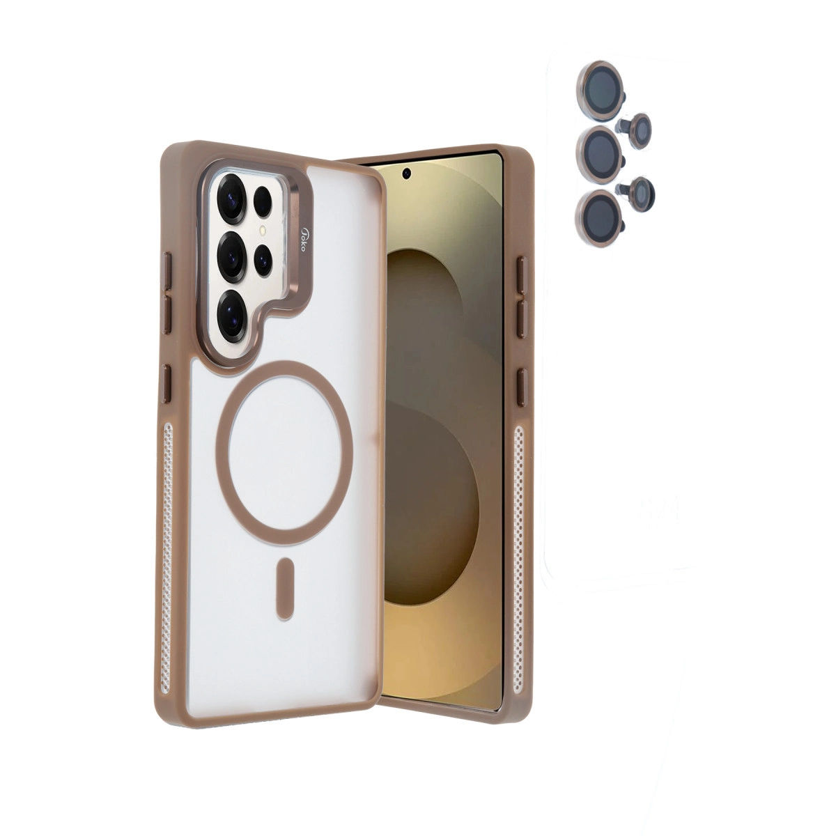 Kamera bloğu ve manyetik halkalı kahverengi telefon kılıfı, yanında lens kapakları.