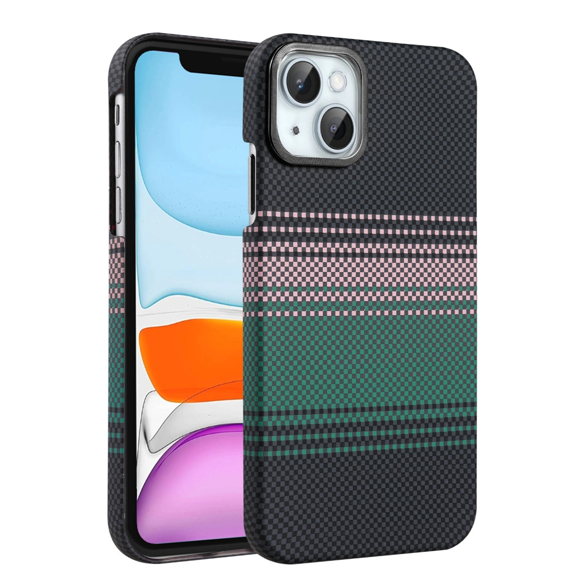 Kareli desenli, pembe ve yeşil çizgili kılıflı bir iPhone.