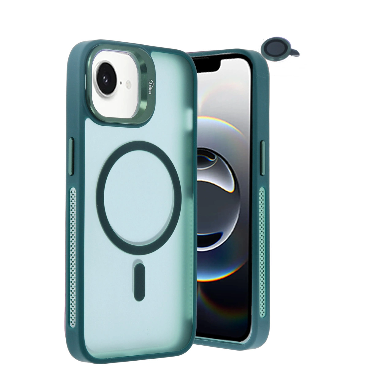 Akıllı telefon önünde manyetik halkalı, teal renkli telefon kılıfı.