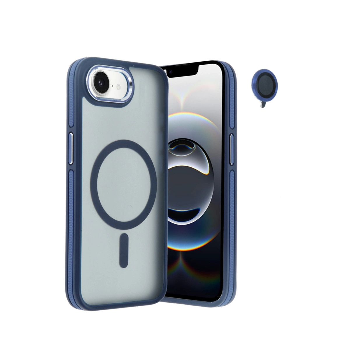 Mıknatıslı halkalı mavi iPhone kılıfı ve ayrı lens kapağı.