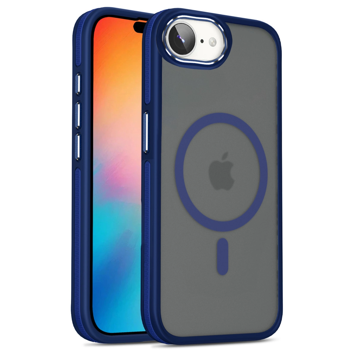 Yarı saydam arkası ve Apple logosu olan mavi iPhone kılıfı.