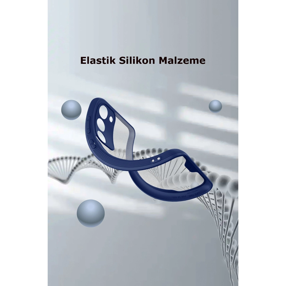 Arka planda DNA yapıları olan lacivert silikon telefon kılıfı.
