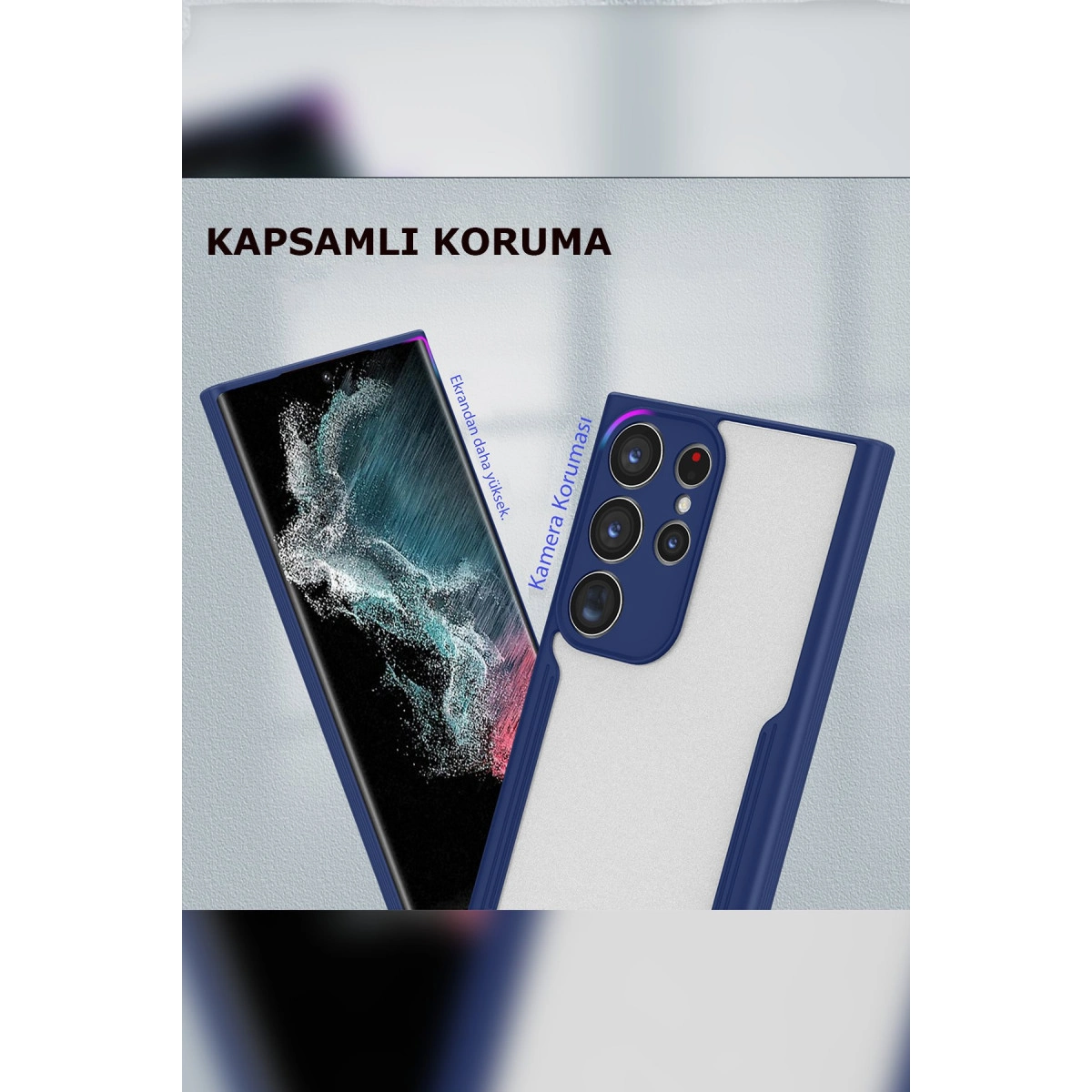 Mavi telefon kılıfı kamera ve ekranı gösteriyor. Gri zemin.