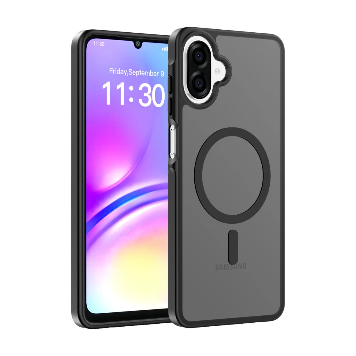 Mıknatıslı daire tasarımına sahip şeffaf kılıfta siyah bir Samsung telefon.