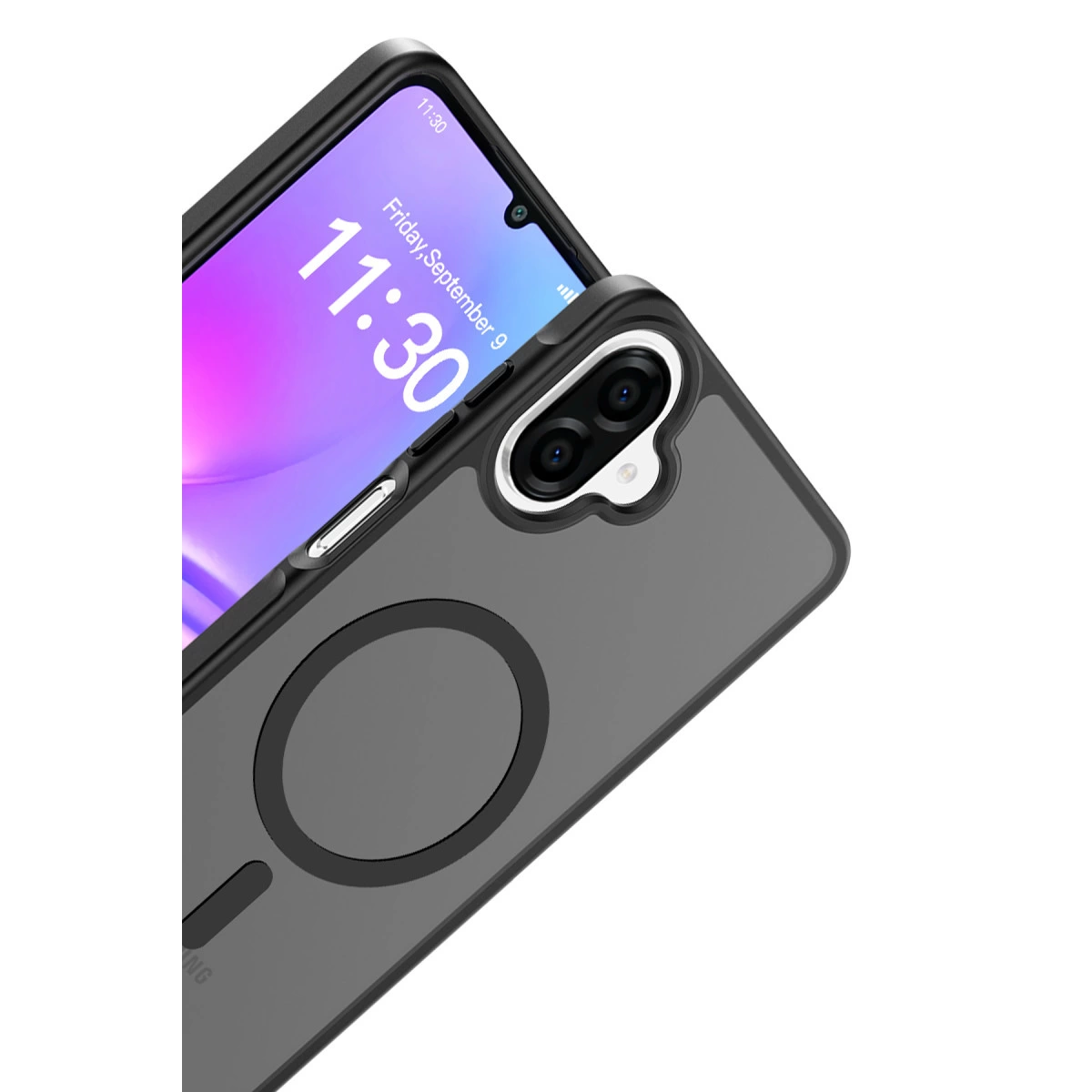 Mıknatıslı halkalı koyu gri telefon kılıfı, 11:30'u gösteren bir akıllı telefonu kaplıyor.