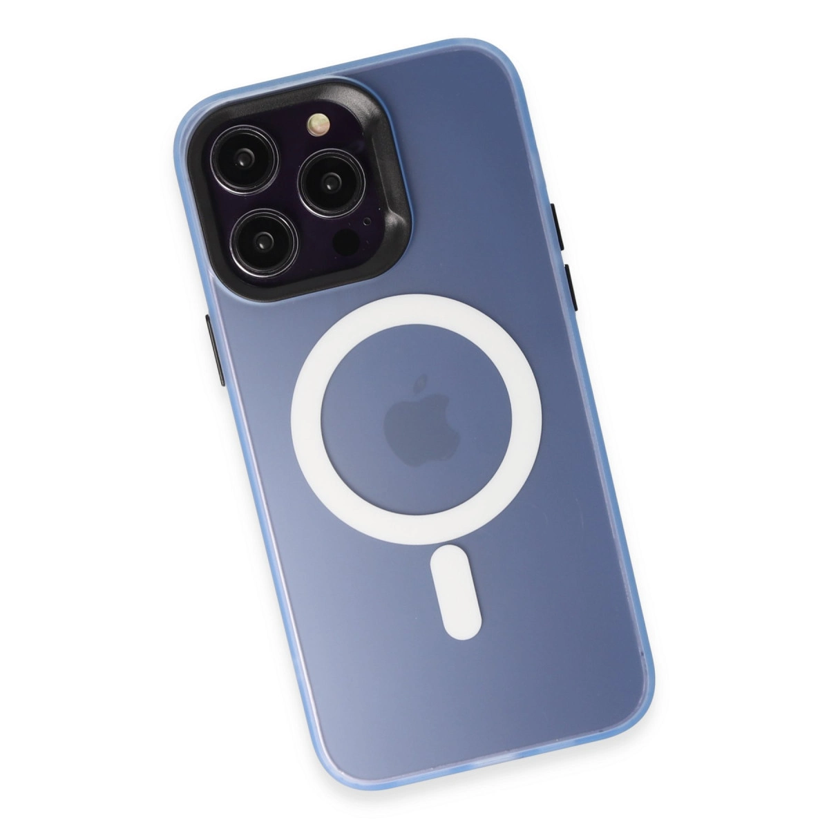 Üç kameralı mavi telefon kılıfı ve beyaz MagSafe halkası.