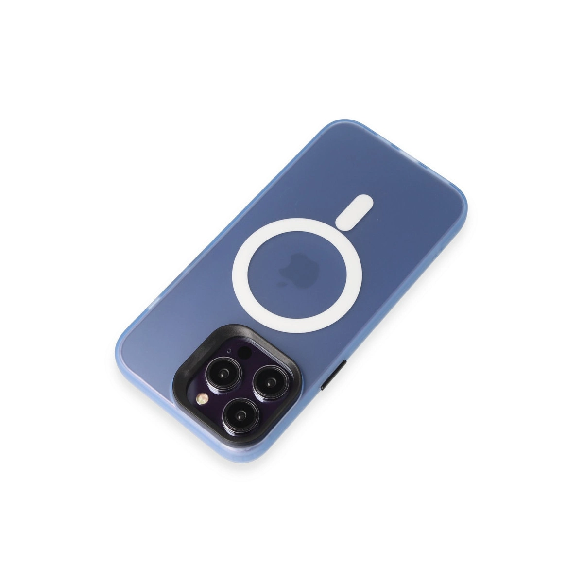 Beyaz MagSafe halkalı ve üç kameralı mavi telefon kılıfı.