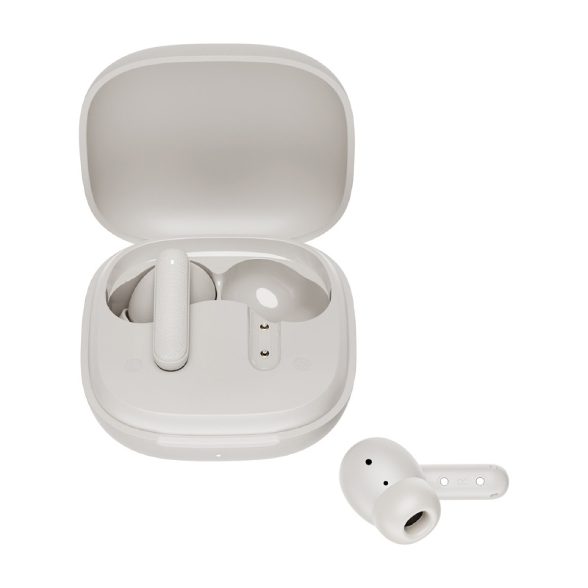 Auricolari wireless bianchi con custodia di ricarica, un auricolare è separato.
