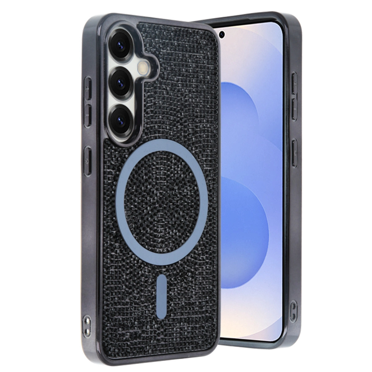 Simli ve manyetik halkalı siyah telefon kılıfı, bir akıllı telefonun yanında.