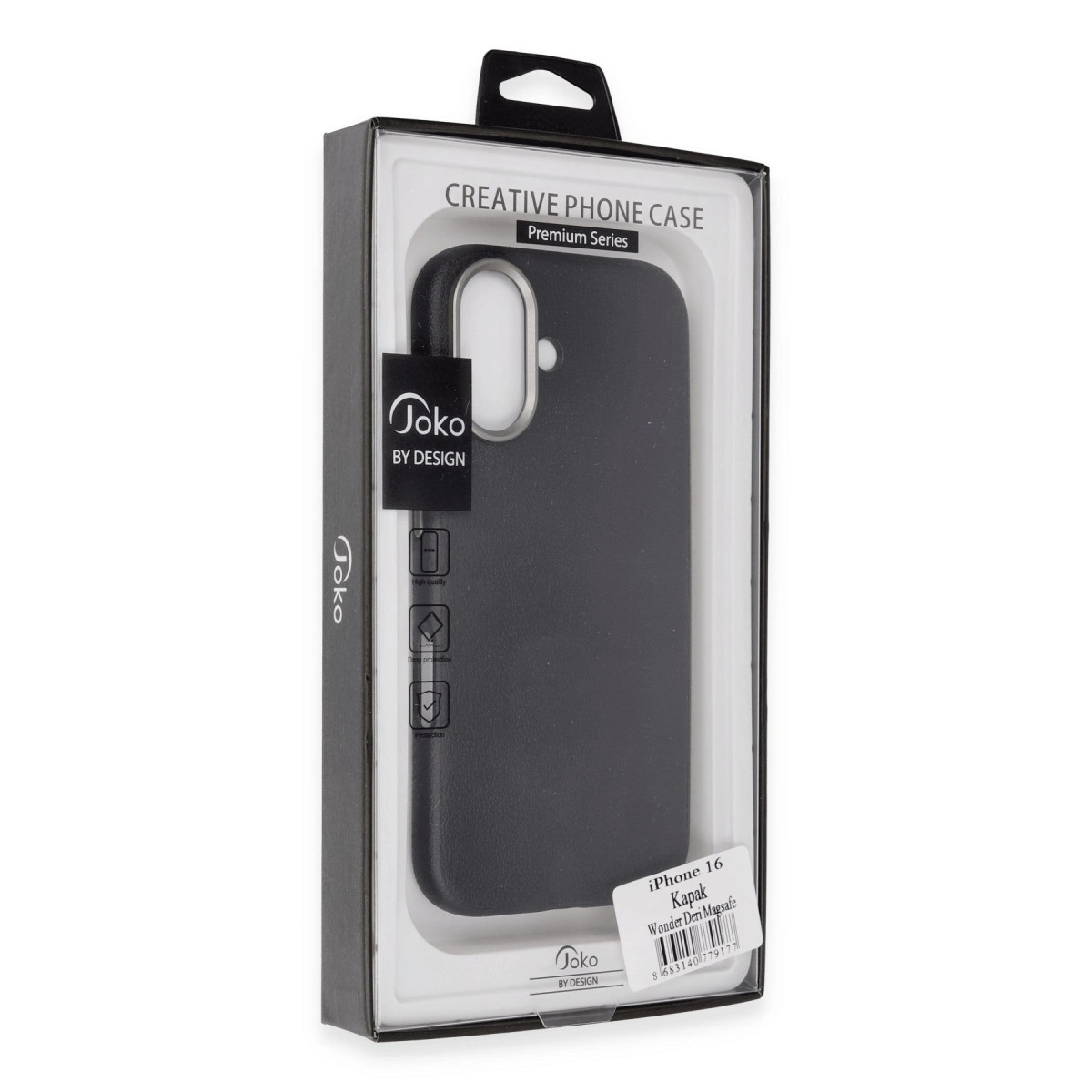Blister ambalajda "Joko by Design" logolu siyah iPhone 16 kılıfı.