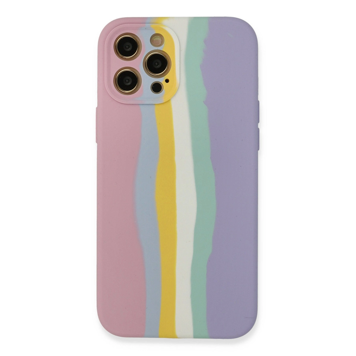 Pembe, açık mavi, sarı ve beyaz dikey şeritli renkli telefon kılıfı.