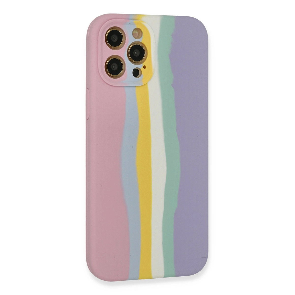 Pembe, mor, sarı, beyaz ve yeşil dikey çizgili pastel renkli telefon kılıfı.