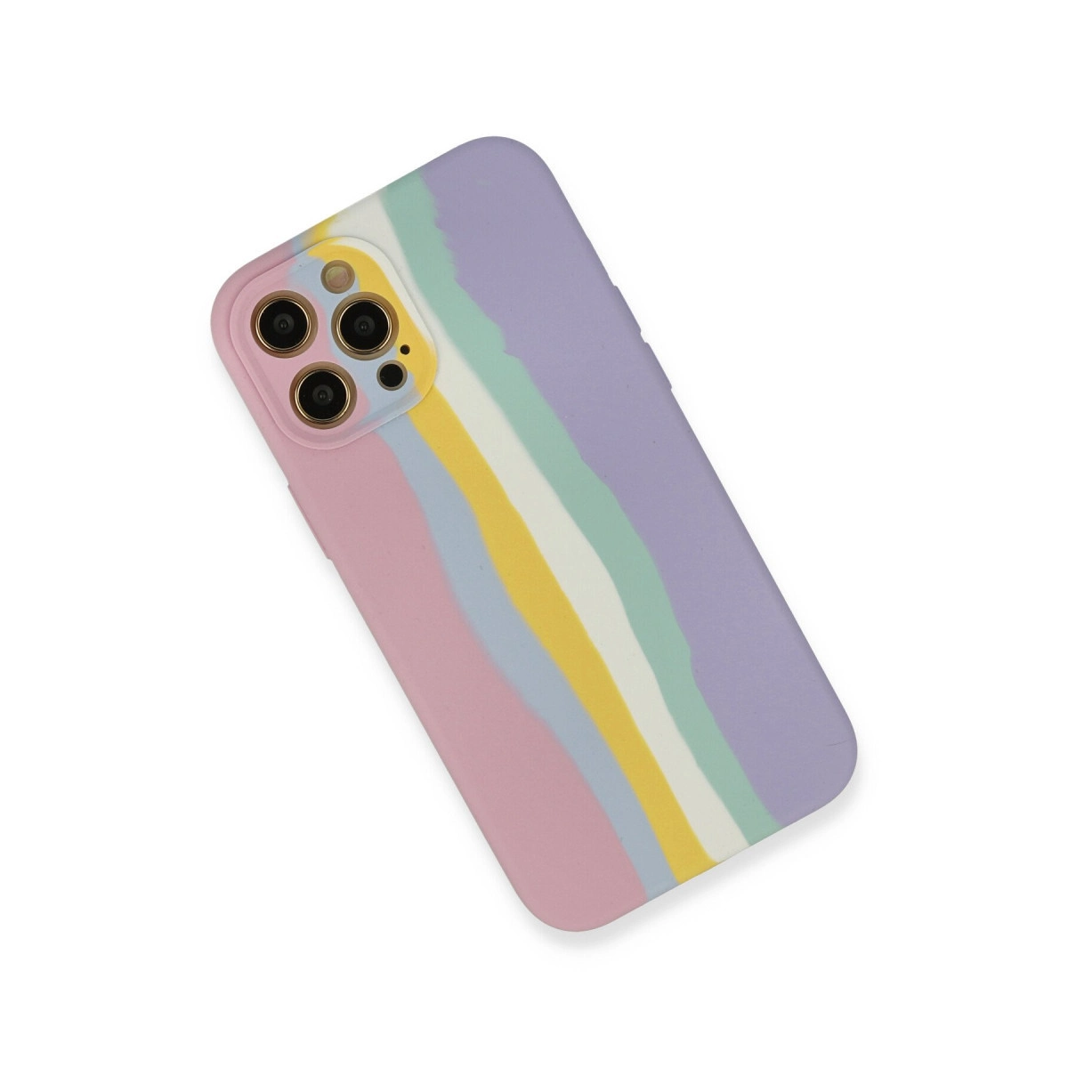 Kamera kesimli, mor, pembe, sarı ve beyaz çizgili telefon kılıfı.