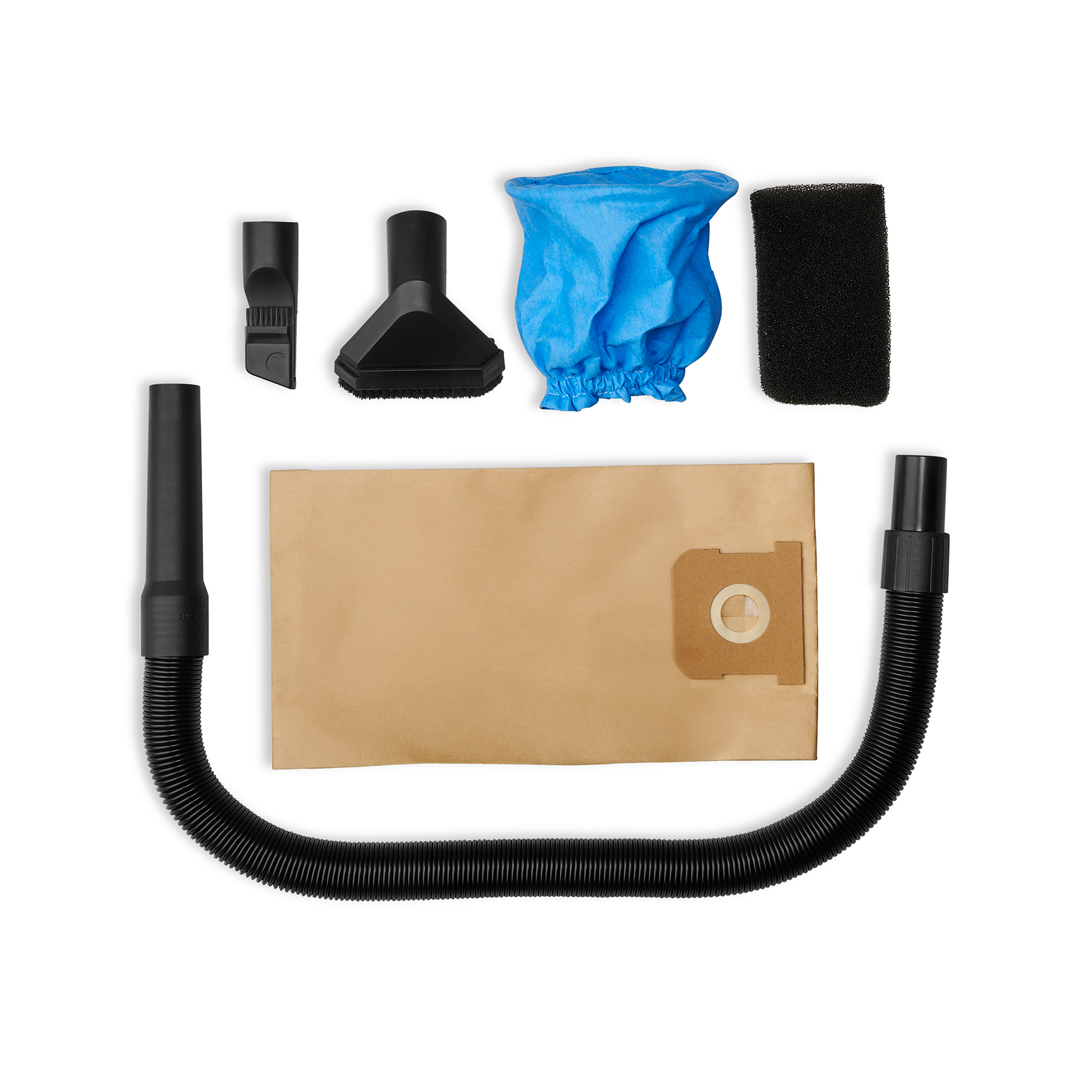 Saugbürsten, Staubbeutel und Schaumstofffilter für Staubsauger auf weißem Hintergrund.