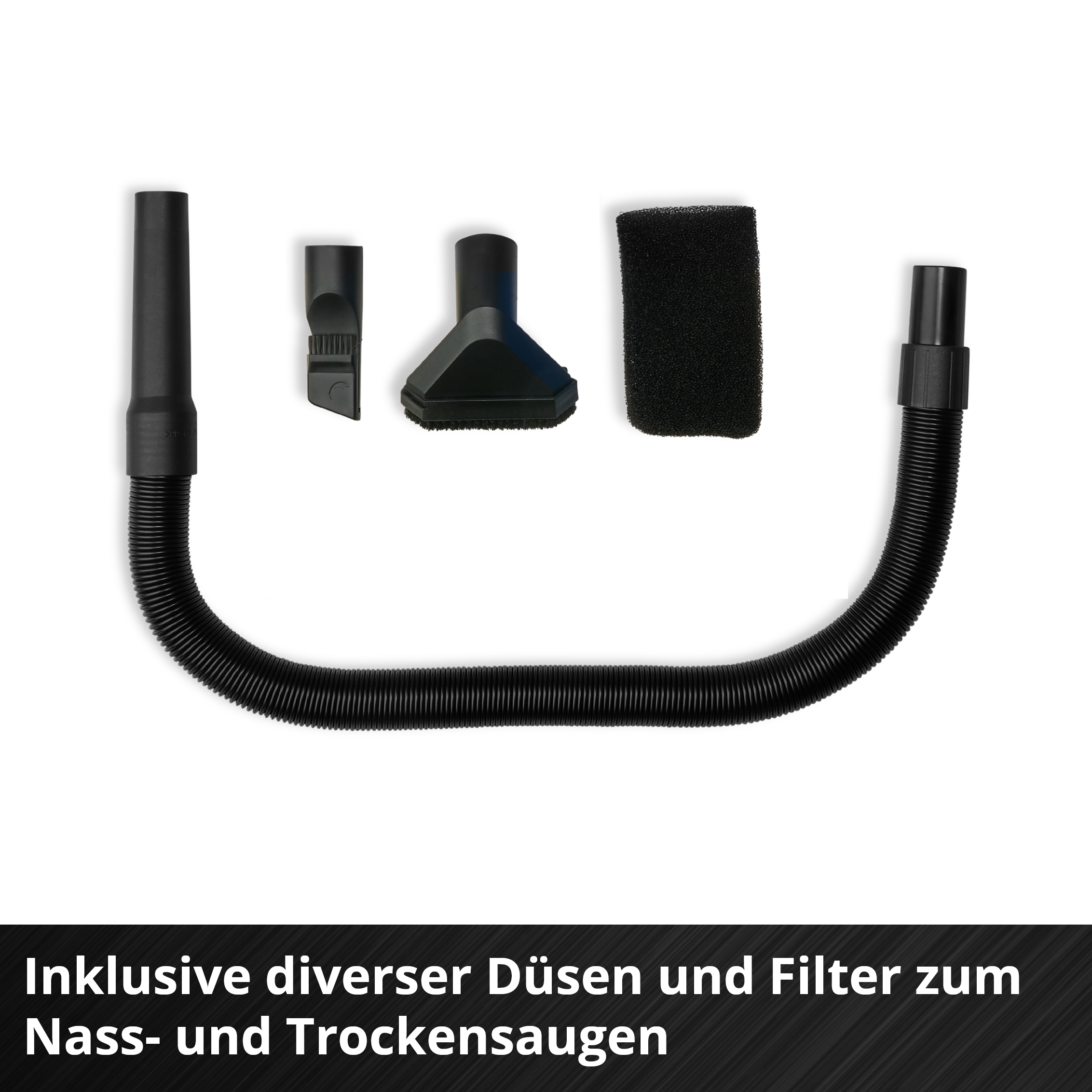Schwarzer Saugschlauch mit verschiedenen Düsen und einem Filter.