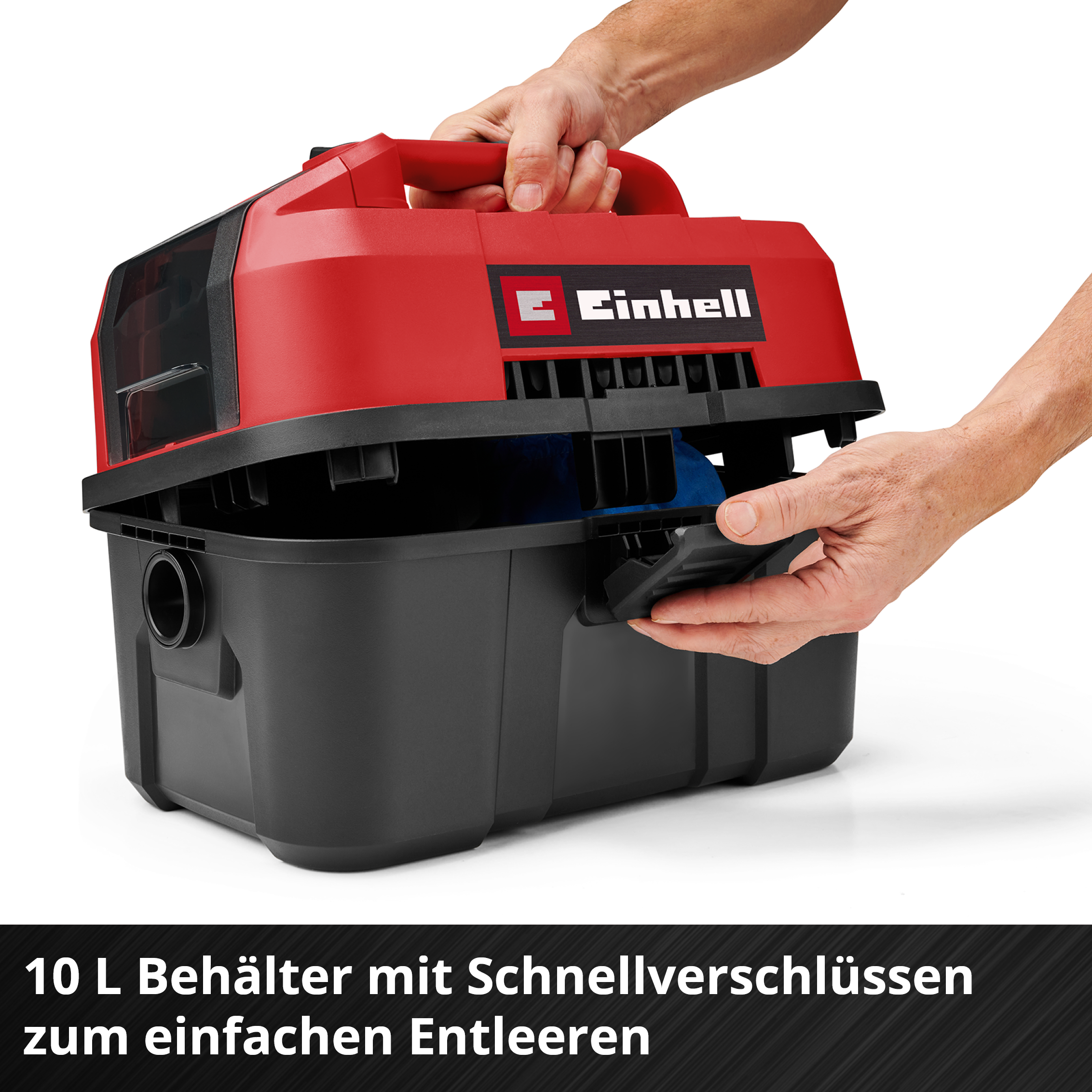 Roter und schwarzer Sauger mit Griff. Hand öffnet Behälterdeckel.