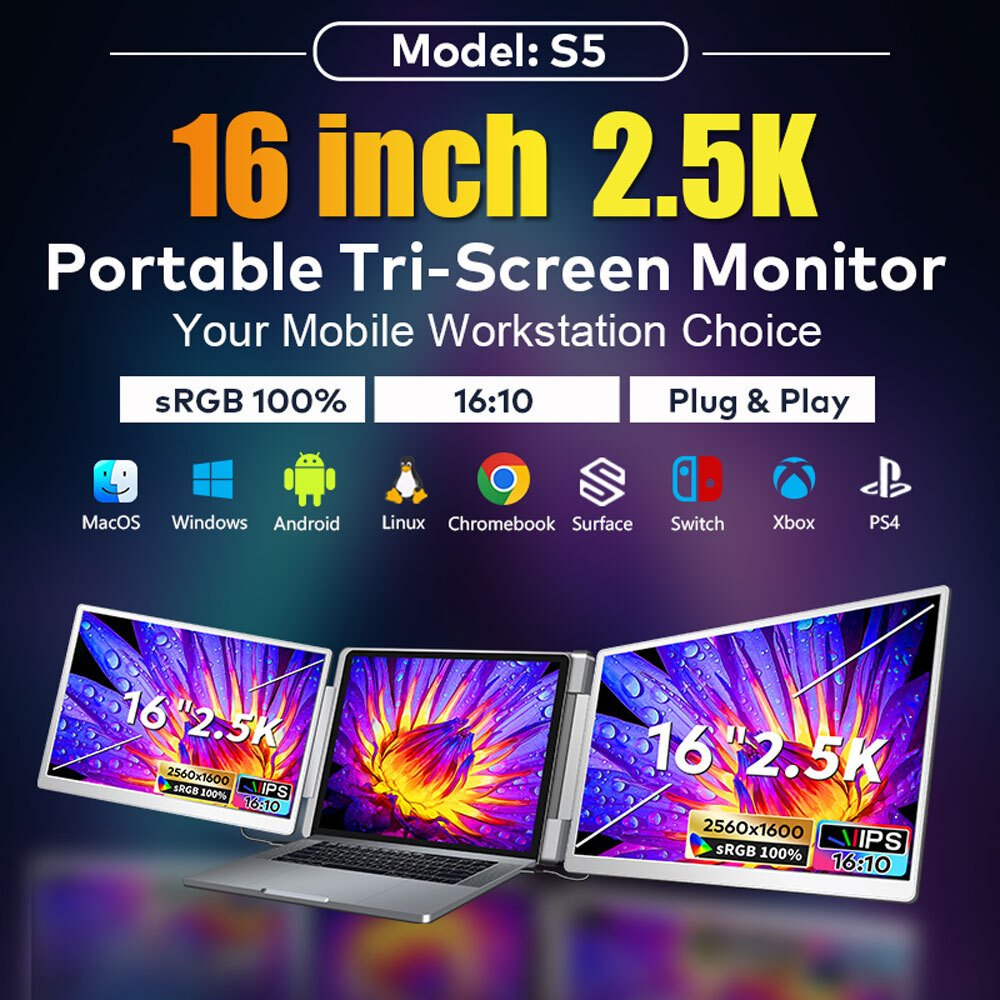 Un laptop con due schermi portatili allegati da 16 pollici 2,5K, che mostrano arte colorata.