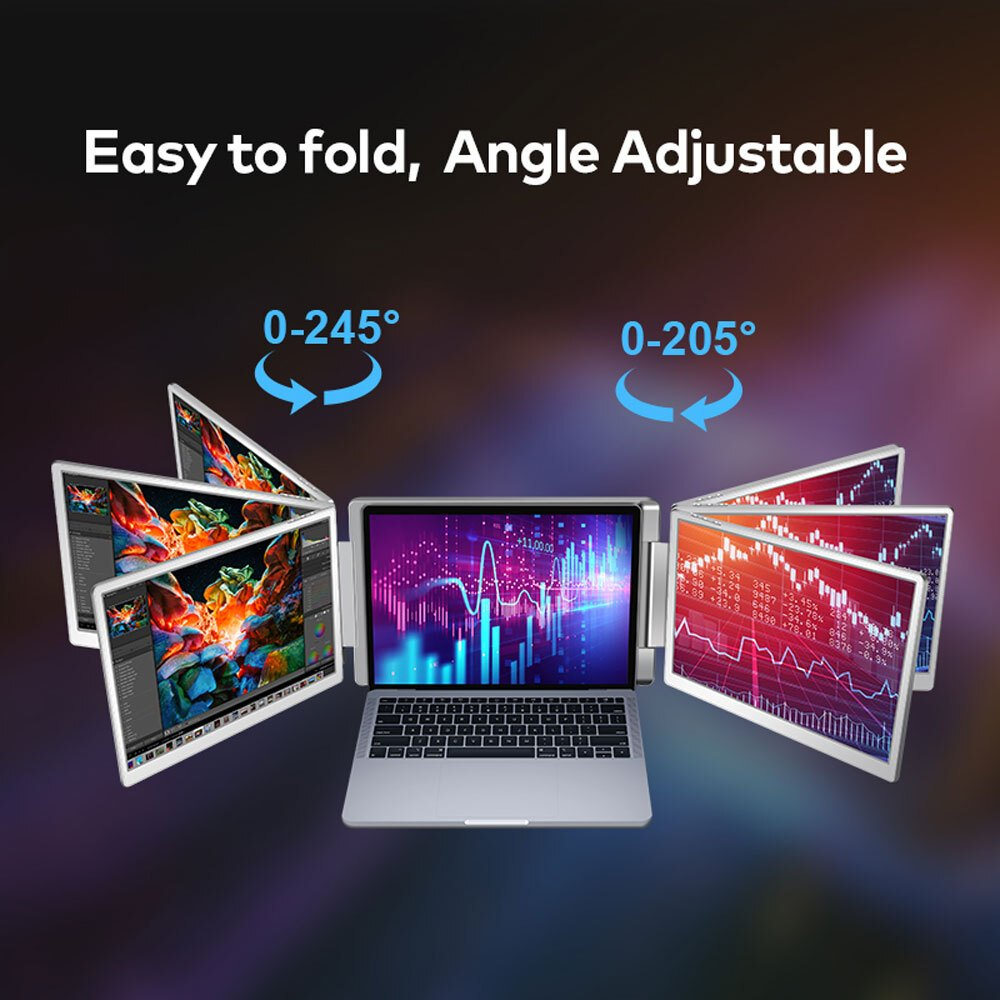 Laptop con schermi laterali pieghevoli, regolabili 0-245° e 0-205°.