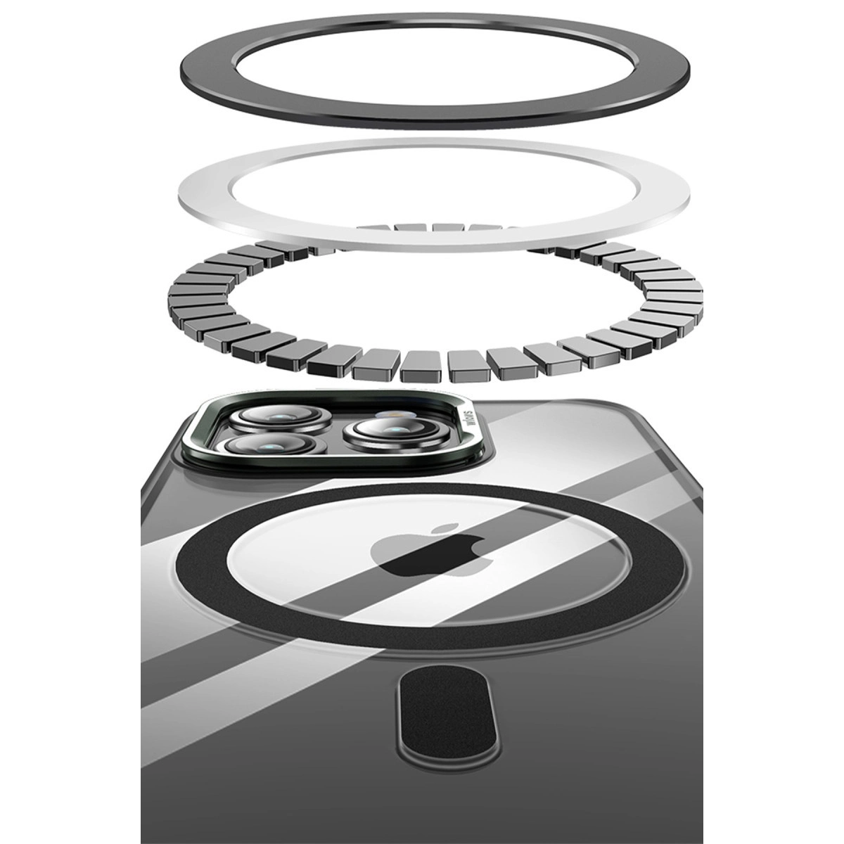 Mıknatıslı halka aksesuarlı iPhone arka yüzünün patlatılmış görünümü.