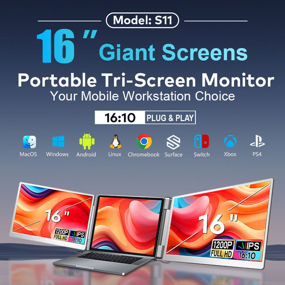 Un laptop con tre schermi da 16 pollici che mostrano motivi astratti colorati.