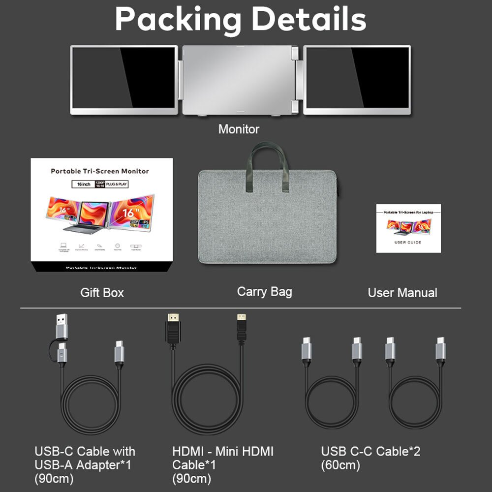 Dettagli imballaggio: monitor, confezione regalo, borsa, manuale utente, cavi.