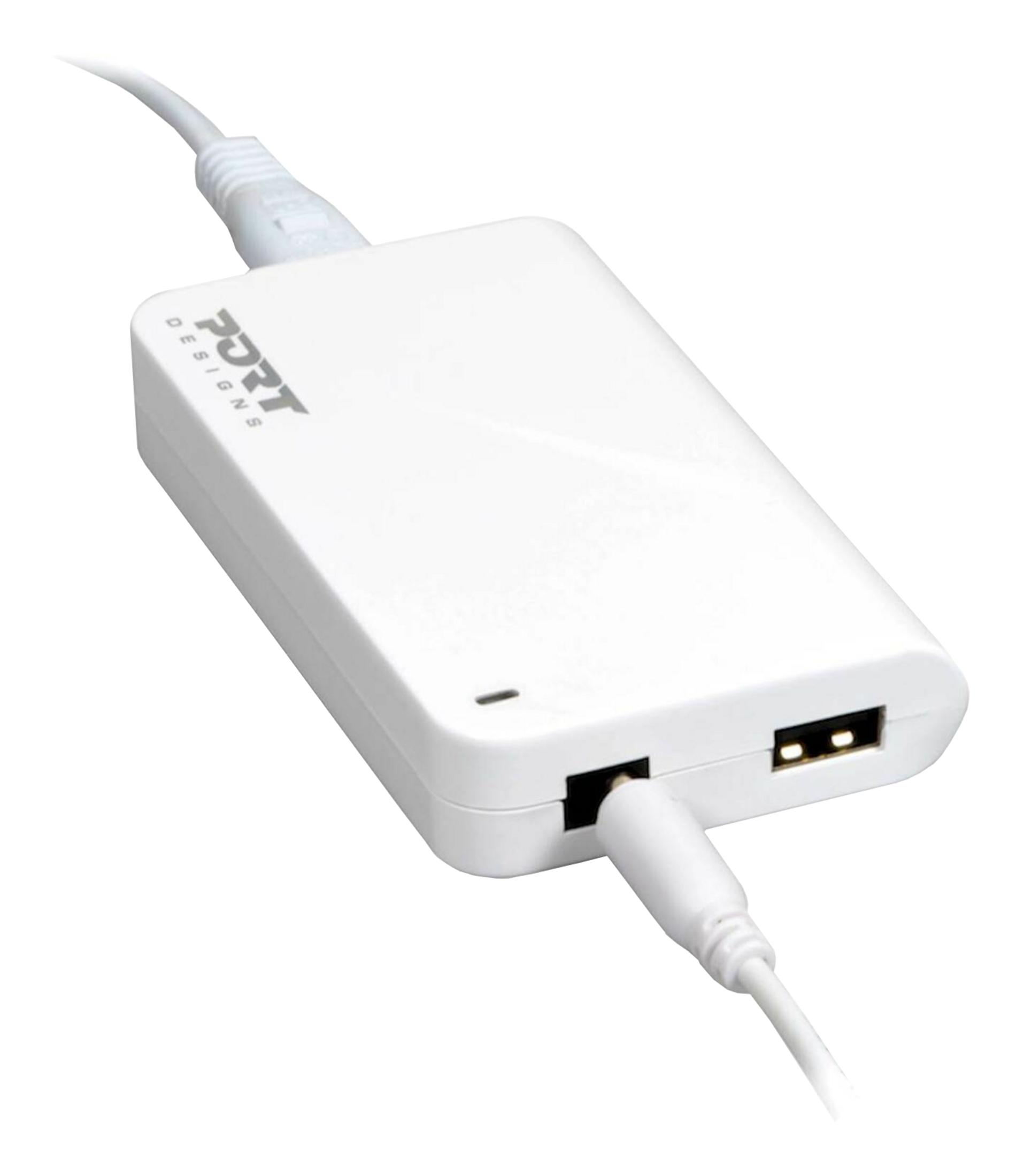 Un caricabatterie portatile bianco con due porte USB e un cavo di ricarica.