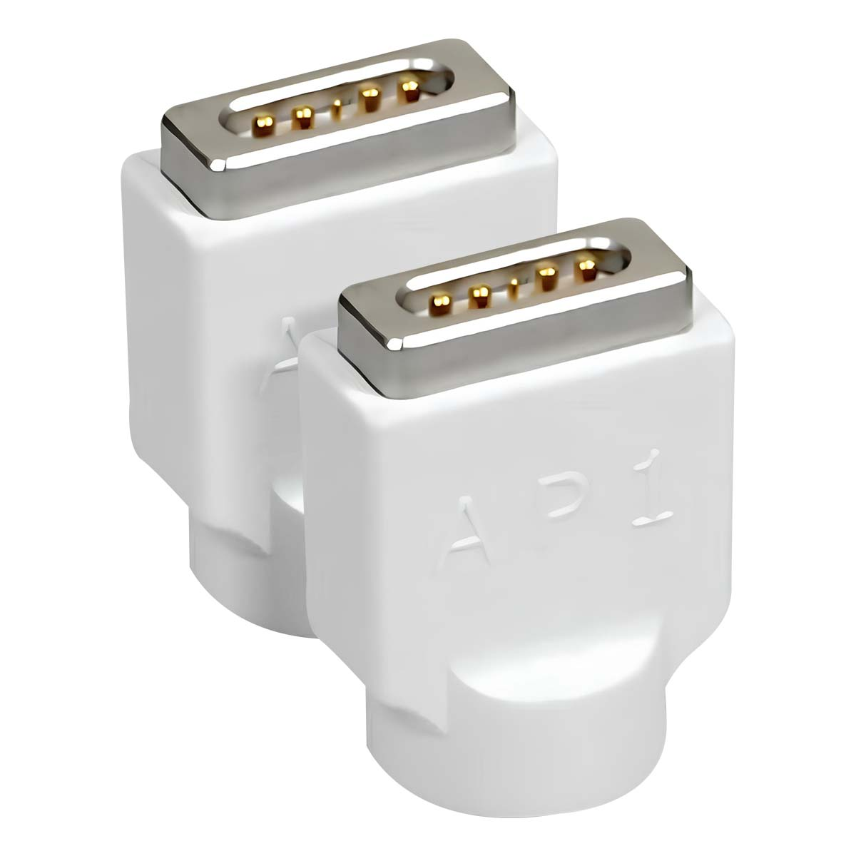 Due adattatori USB-C magnetici bianchi con pin dorati.